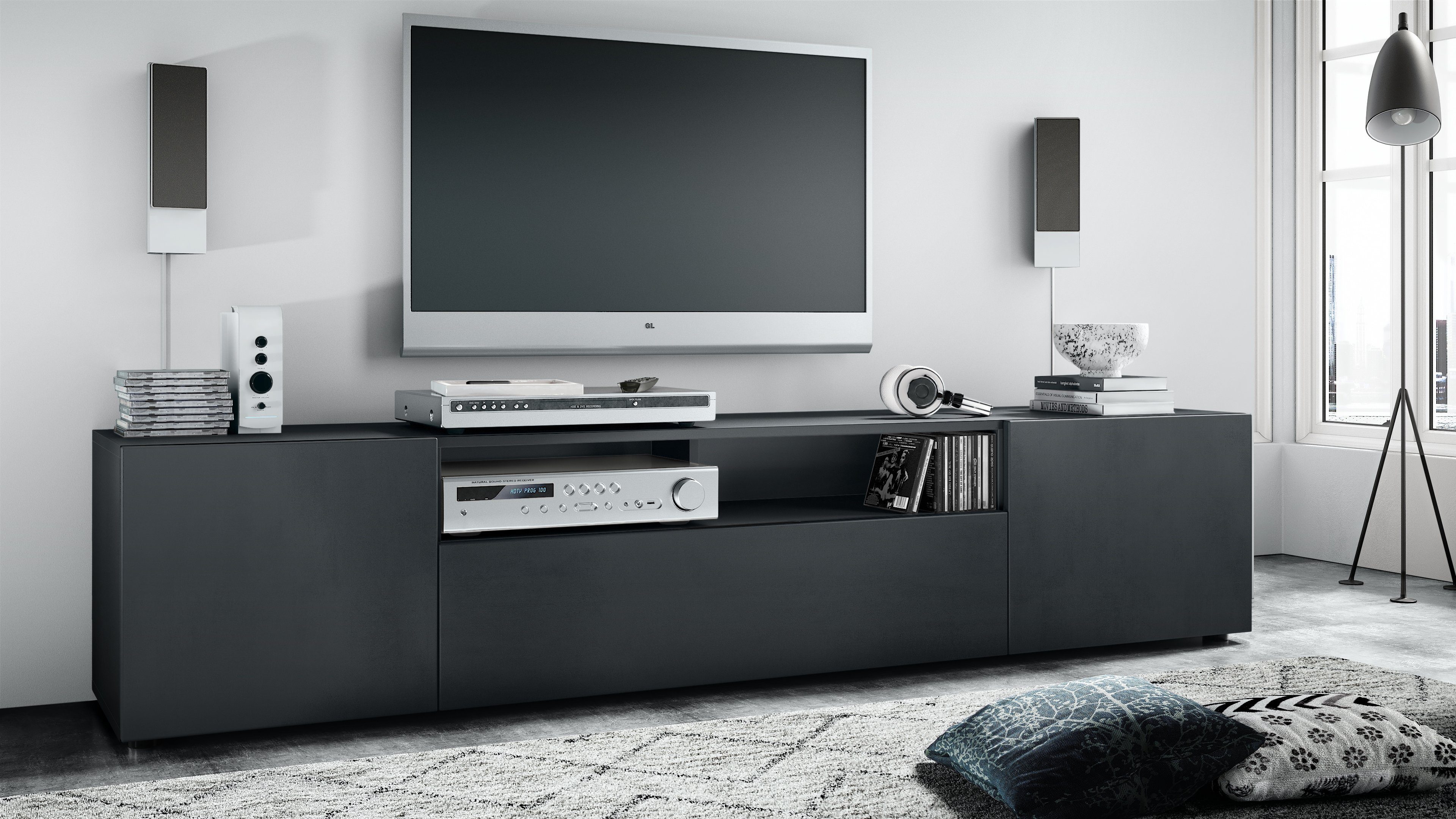 Vladon Lowboard Mogan (TV-Kommode, mit 2 Türen, 1 Klappe und 1 offenes Fach), Schwarz matt/ Schwarz matt (181 x 39 x 35 cm)