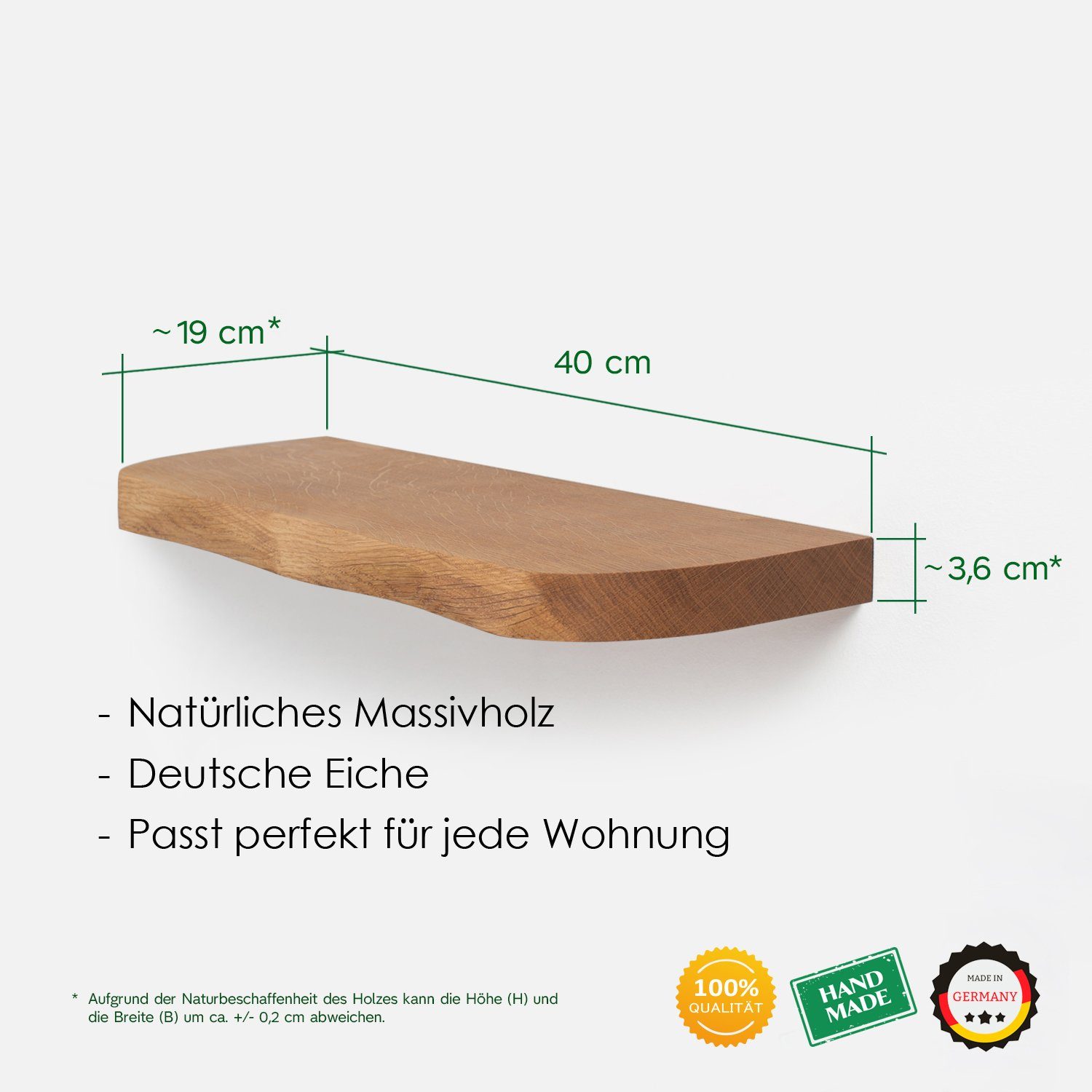 Holz Regal Rikmani Kante mit Eiche Handgefertigtes Wandregal Made massiv Germany in Hell NEMO, - geschwungener