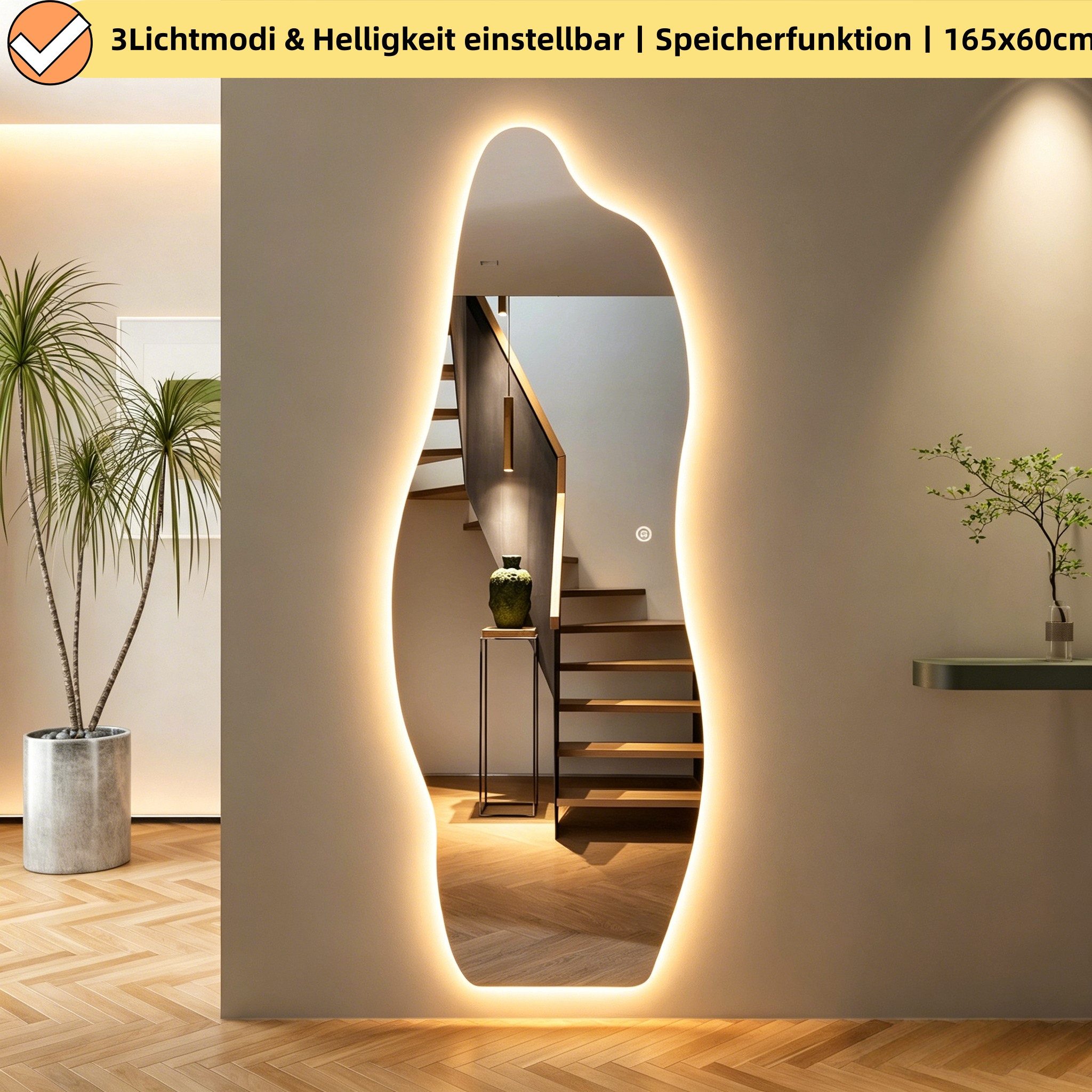 WDWRITTI Ganzkörperspiegel Rahmenlos LED Ganzkörperspiegel Wandspiegel groß asymmetrisch (Flurspiegel Modern mit 3Lichtfarben, Dimmbar, Speicherfunktion, 165x60cm), für Wohnzimmer Schlafzimmer Garderobe Flur Friseurladen