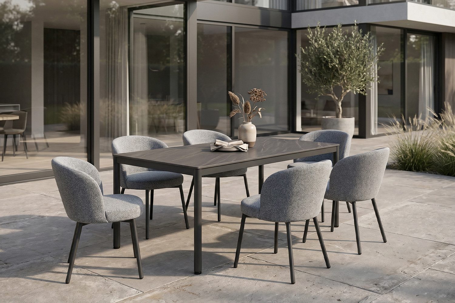 KAWOLA Garten-Essgruppe INDUS Outdoor, Gartenmöbel-Set, wetterfest, (Set, 7-tlg), Keramik, Aluminium, Flachgewebe, wasserabweisend