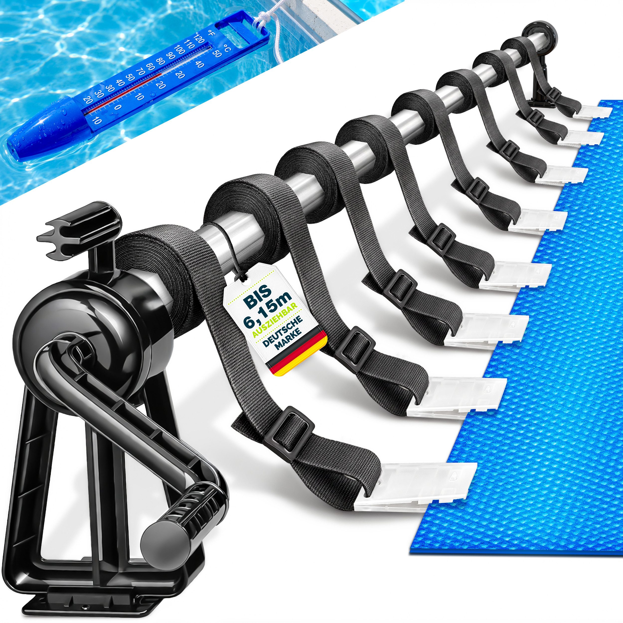 tillvex Gartentisch tillvex Pool Aufroller Premium 1,05-6,15 m inkl. Thermometer & Bänder (für Poolplane & Abdeckung, witterungsbeständiges Material, Aufrollsystem für Solarplane, Mobile Aufrollvorrichtung), Pool Aufroller Premium 1,05-6,15 m + Thermomete