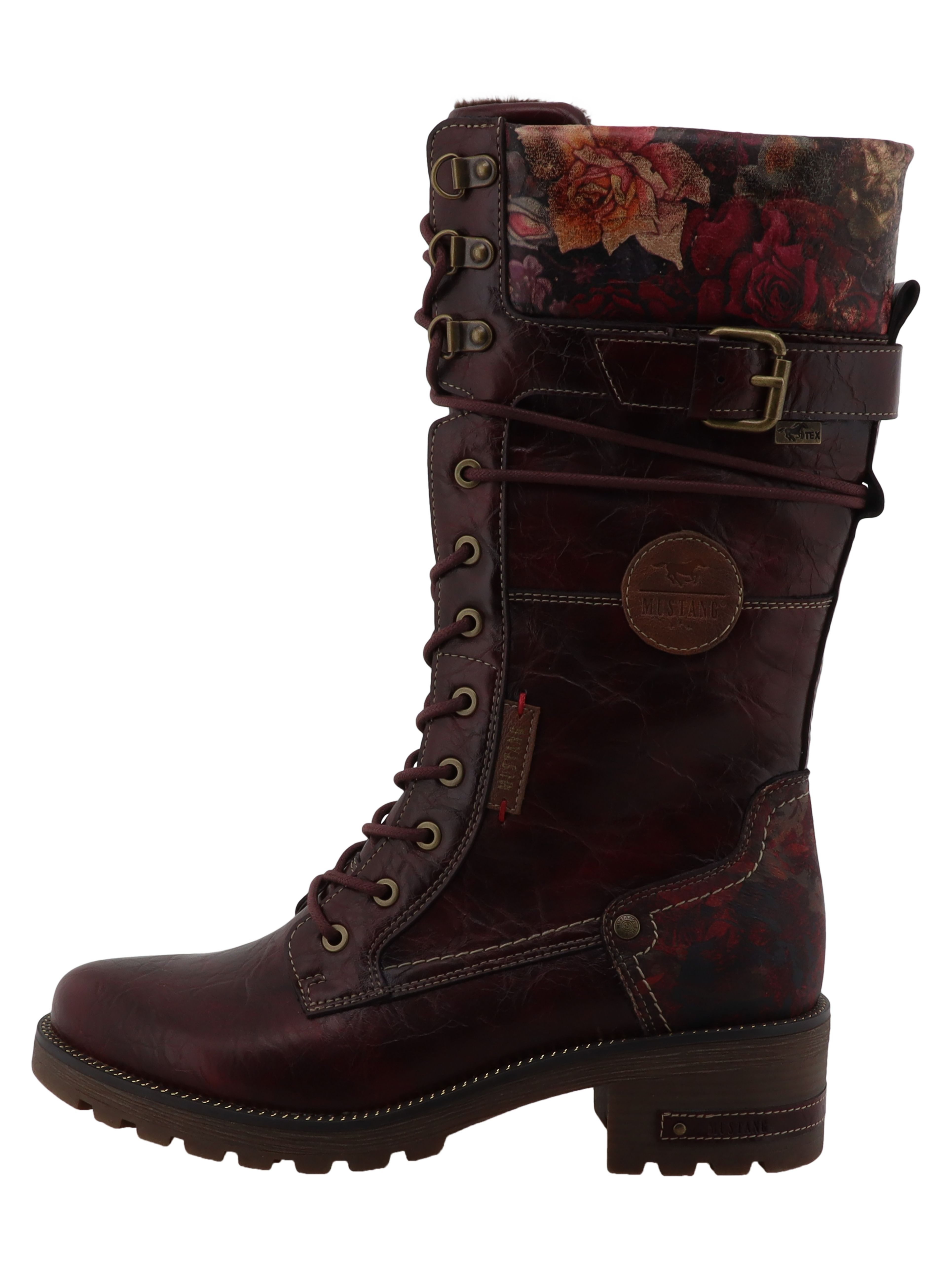 Mustang Shoes Stiefel Winterstiefel Blockabsatz, Schnürstiefel mit Blüten und Zierschnalle