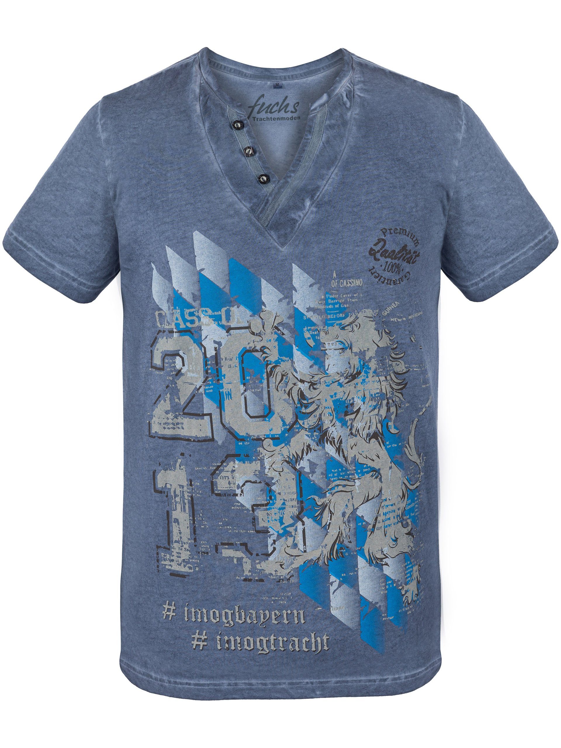 T-Shirt T-Shirt Baumwolle Baldi 100 Trachten % blau aus FUCHS
