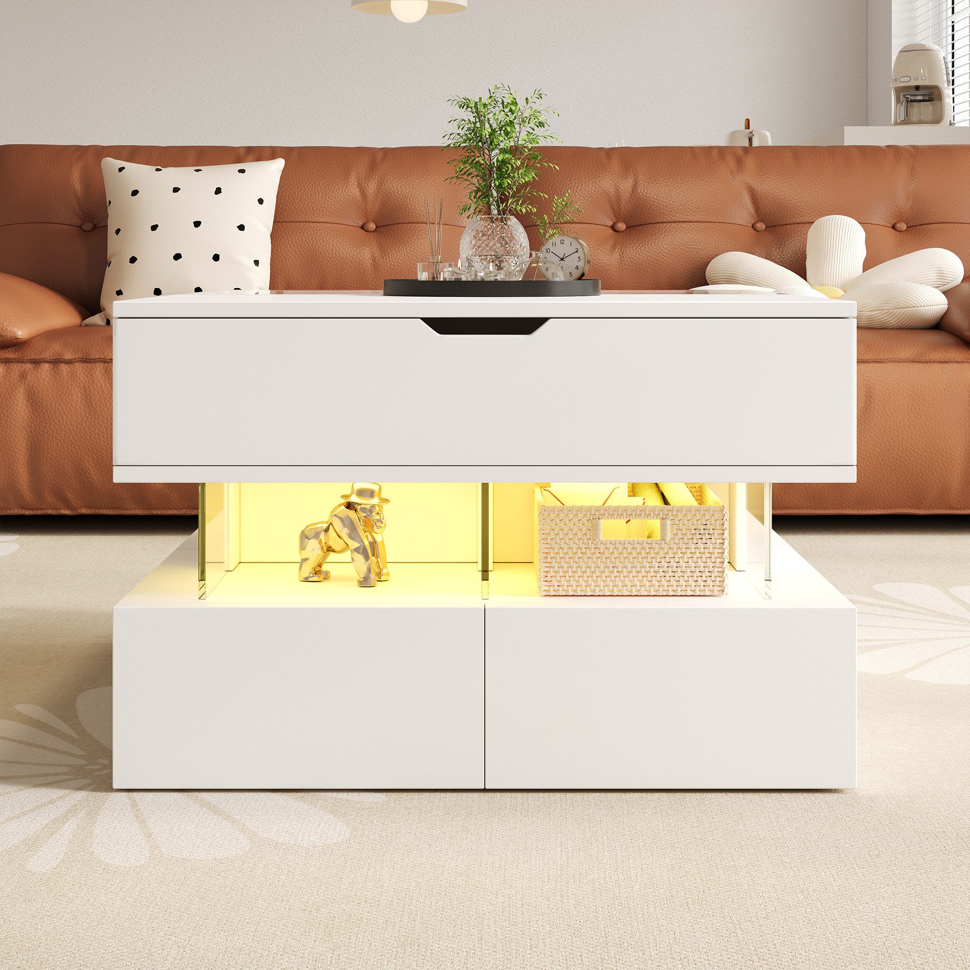 MODFU Couchtisch Couchtisch (Wohnzimmertisch, Sofatisch, 1-St., Glasplatte und Acryl-Trägern), Höhenverstellbarer Satztisch, Beistelltisch