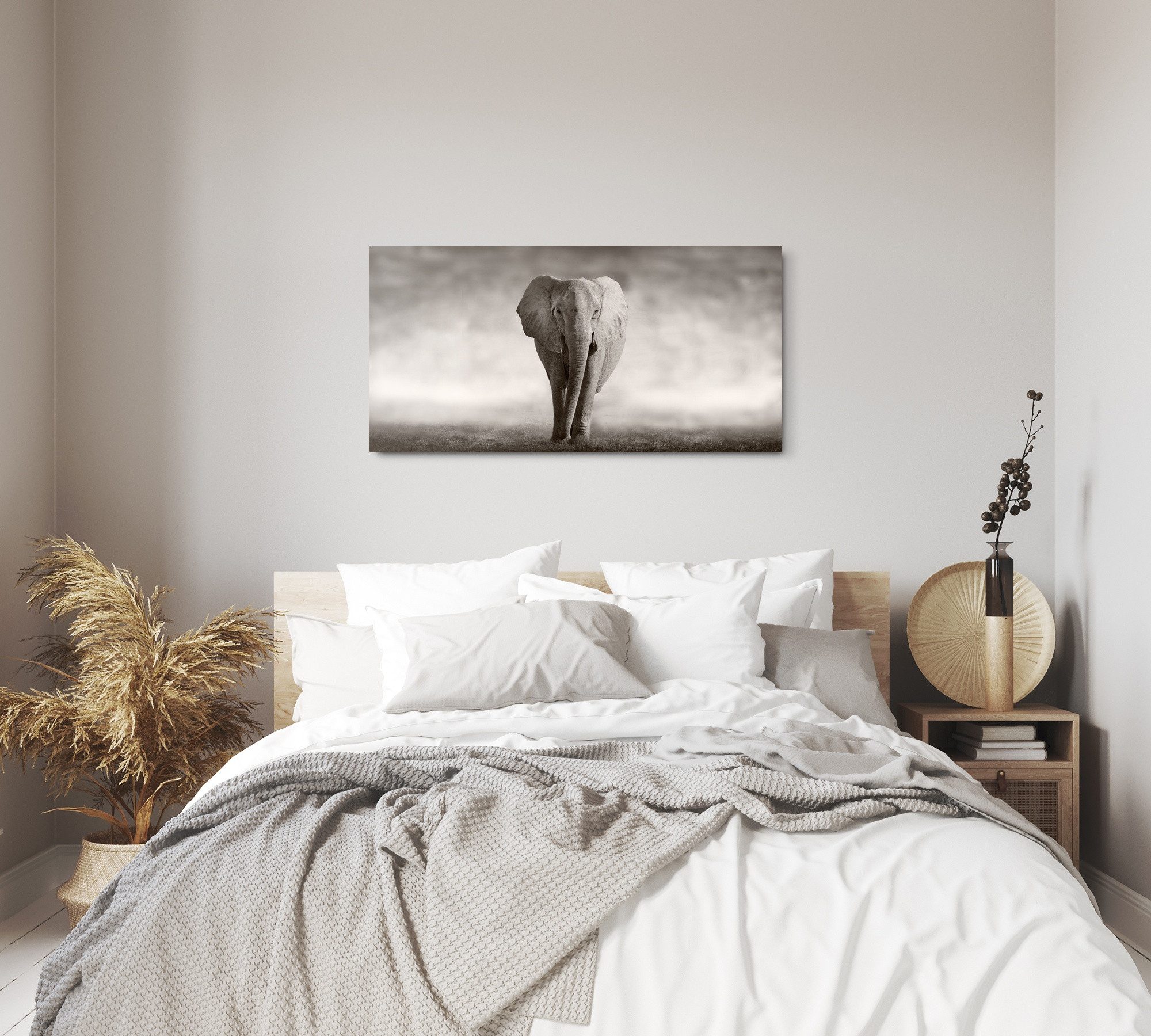 Sinus Art Leinwandbild Kunstdruck Bilder 120x60cm Elefant Grau Tierfotografie Afrika Wildnis, (1 St)