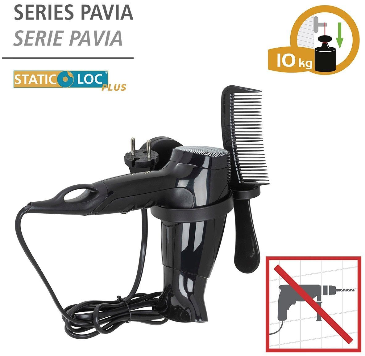WENKO Plus ohne (Befestigen Pavia Static-Loc® Bohren) Haartrocknerhalter,