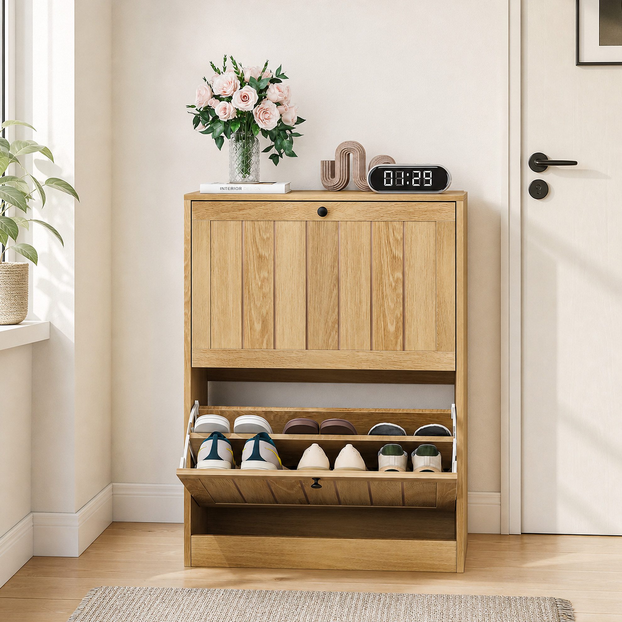 OKWISH Schuhschrank Freistehendes Schuhmöbel im Mid Century Modern Stil für Flur (Packung, 1-St., Schuhaufbewahrung mit verstecktem Stauraum für Eingangsbereich) Schuhkipper 60 cm Eichenfarben mit 2 Klappschubladen