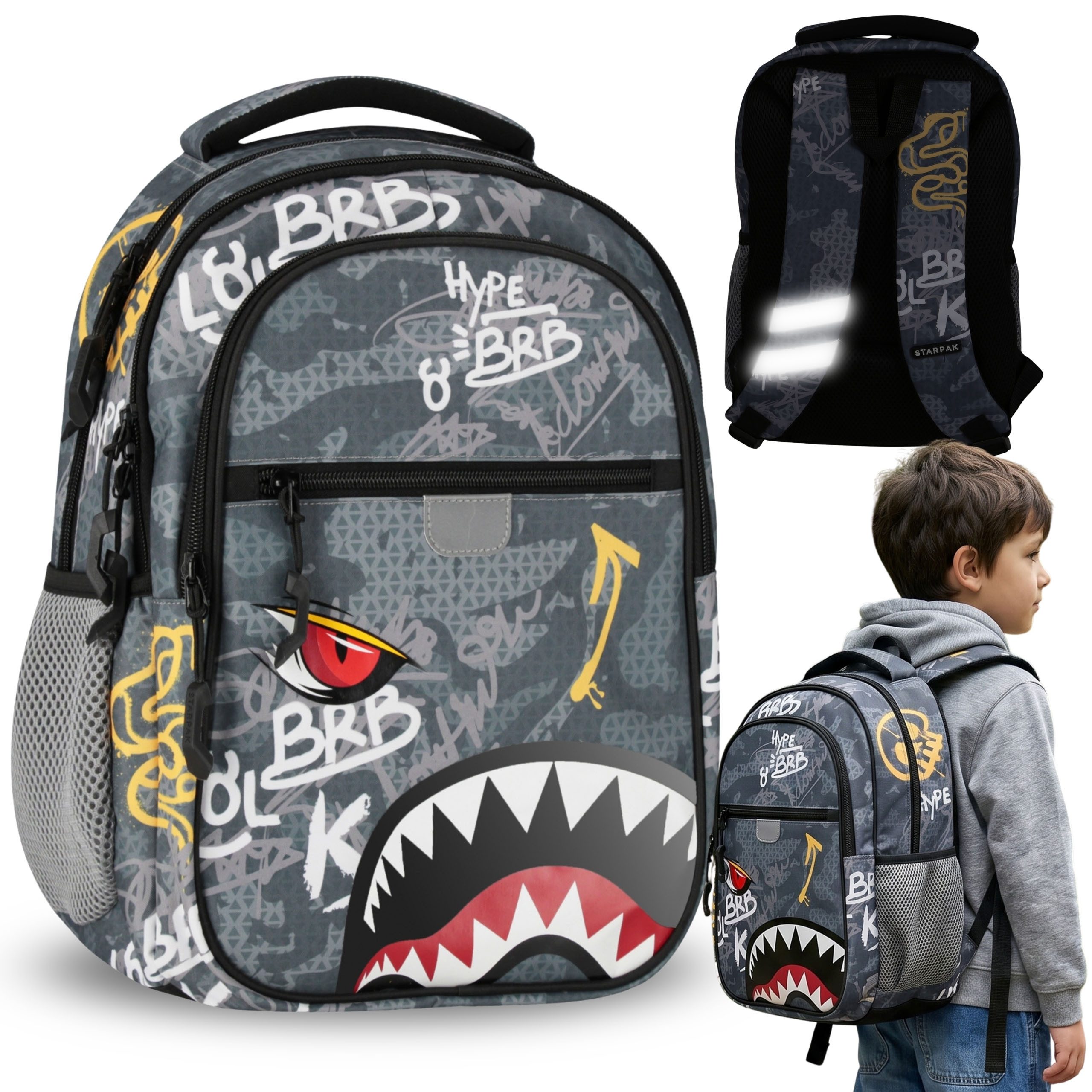Schulrucksack Hai Schulrucksack für Jungen mit Reflektoren, 4 Fächer, 24