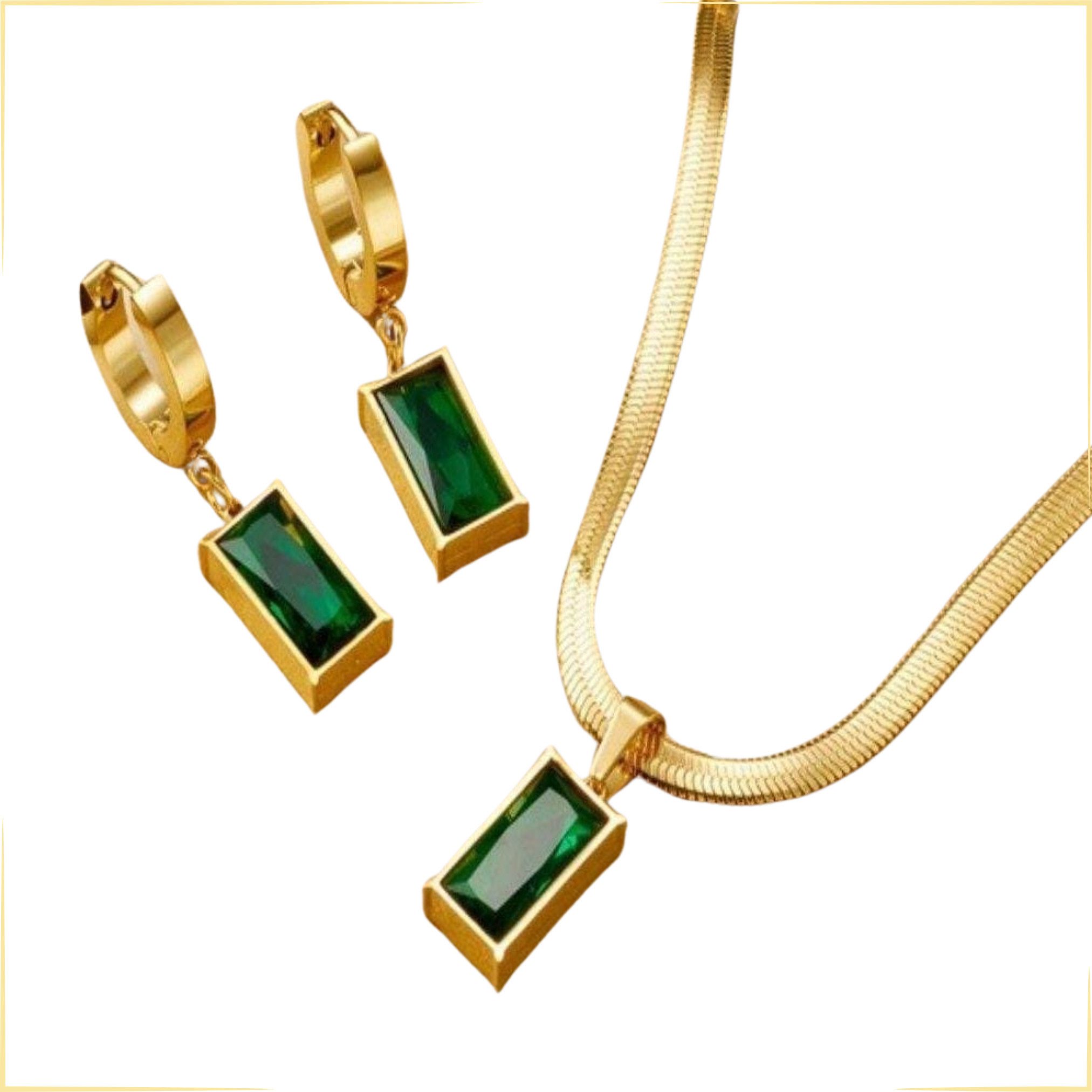 Schmuckset Ohrringe Halskette vergoldeter Edelstahl mit grünem Stein