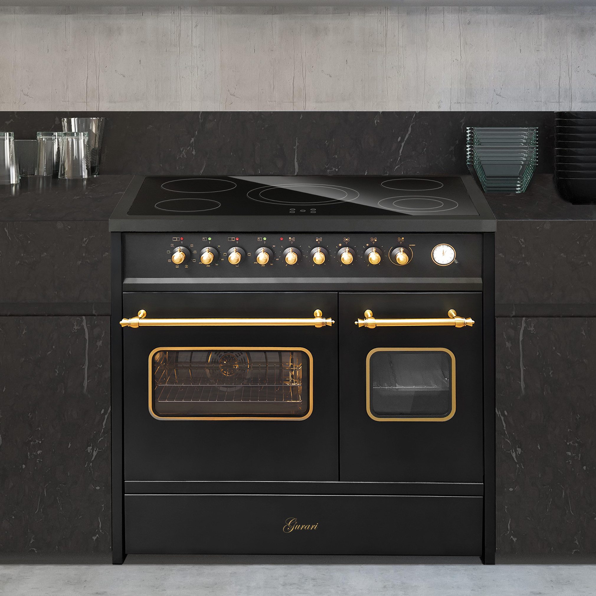 GURARI Elektro-Standherd Glaskeramik Herd 90 cm Schwarz Range Cooker Elektro Doppelbackofen mit Dunstabzugshaube 90 cm 1000m³/h Wandhaube Schwarz GCH E 912 DF BL r+GCH 046 Bl 9.,., mit 1-fach-Teleskopauszug