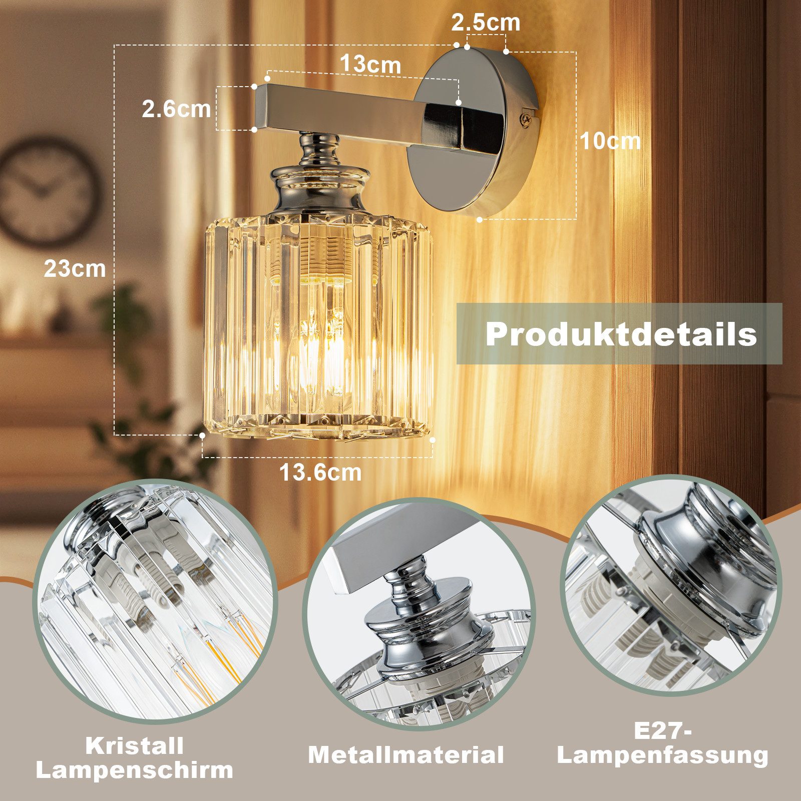 Nettlife Wandleuchte Kristall moderne Wandlampe E27 Wandbeleuchtung als Nachttischlampe, ohne Leuchtmittel, für Schlafzimmer, Wohnzimmer, Flur, Treppenhaus – Bild 3 von 5