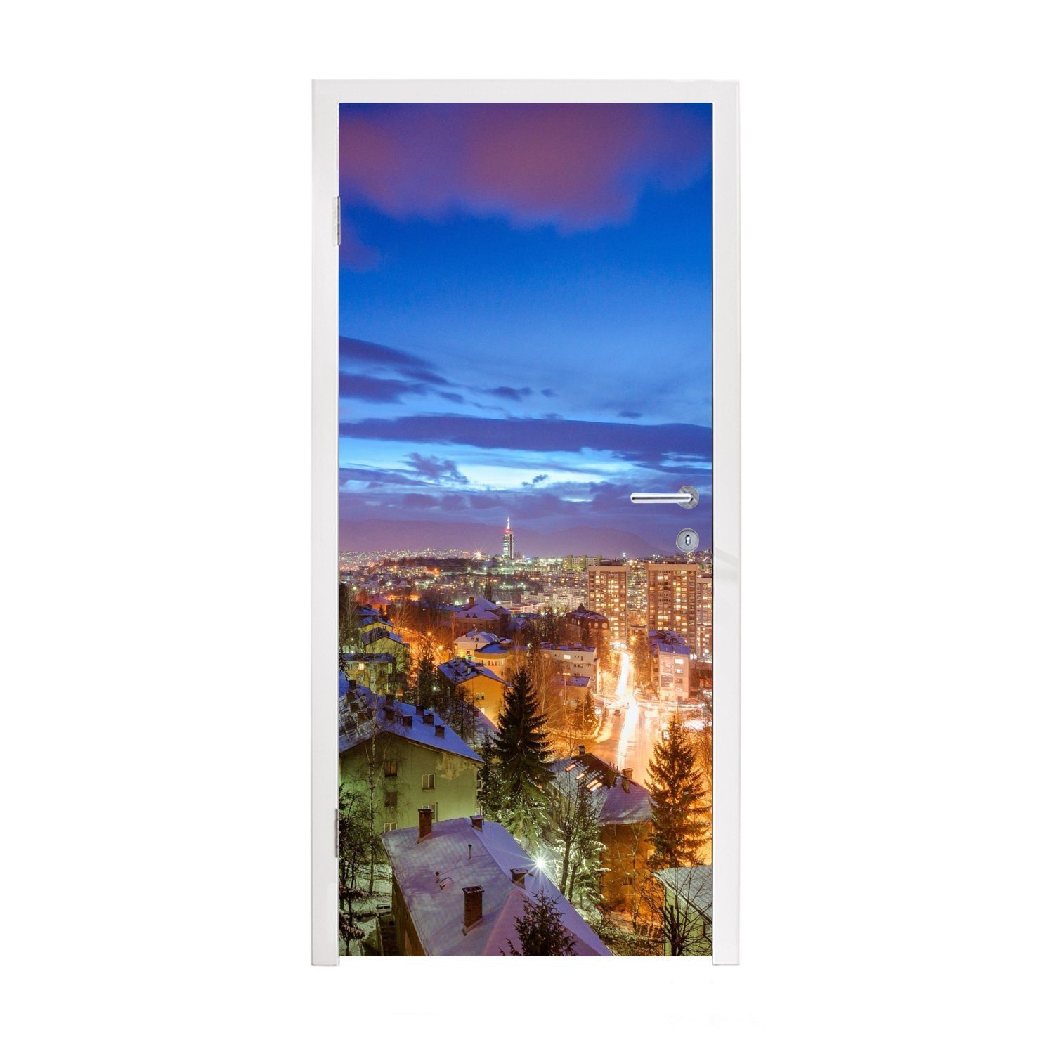 MuchoWow Türtapete Dunkelblauer Himmel über der Skyline von Sarajevo in Bosnien und, Matt, bedruckt, (1 St), Fototapete für Tür, Türaufkleber, 75x205 cm