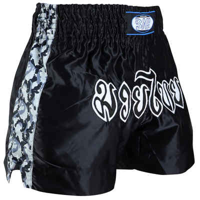 BAY-Sports Sporthose Muay Thai Kick Hose Shorts Thaiboxhose Thaiboxen MMA kurz Kickboxen (MMA, Krav Maga, XXS - XXL, traditionell mit aufgenähter Thai Schrift) Modell Remy