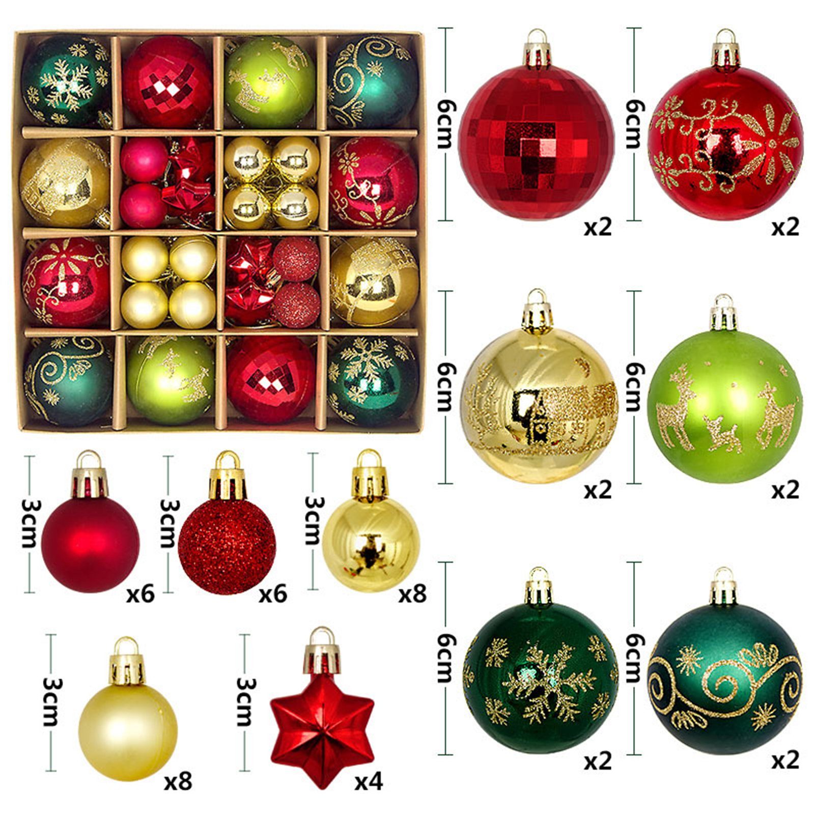 Rot-Weiß-Weihnachtsball-Ornament, 44 Weihnachtskugeln, 3-6cm Stück/Set Geschenkbox Weihnachtsbaumkugel Rutaqian Weihnachtskugel Set Plastik Farbkugel aus