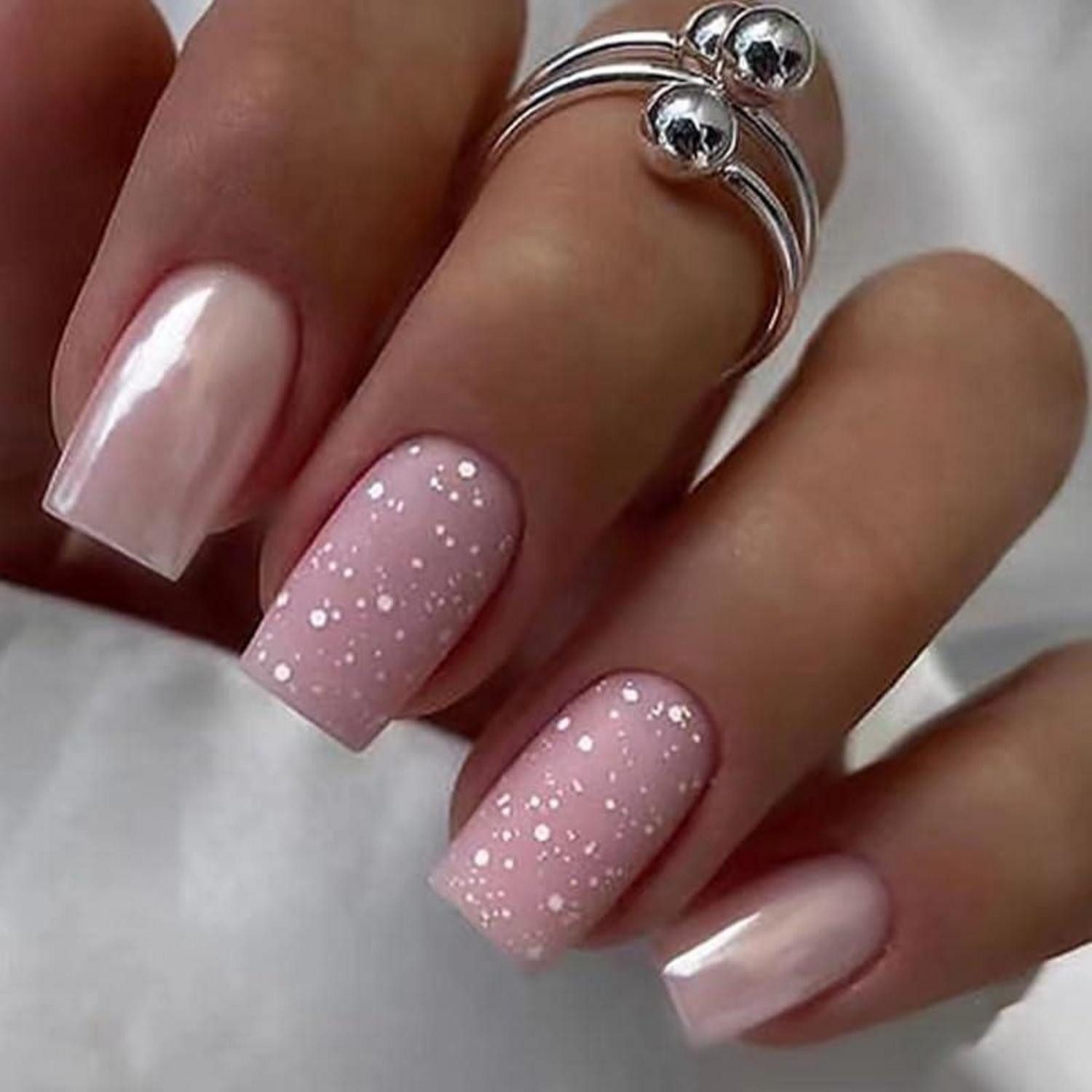 Kunstfingernägel 24 Glitter Silber Eckige Nägel Aufkleben Pink Kunstnägel - 24 Stück