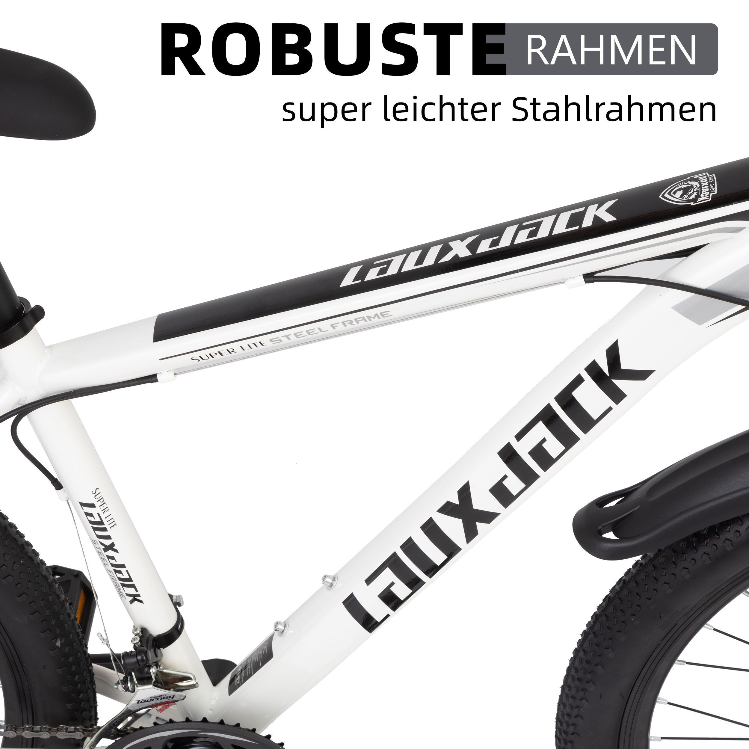 Lauxjack Mountainbike AX4.0 Fahrrad in 26/28 Zoll, Shimano, 21 Gang Shimano Tourney RD-TY300/200 Schaltwerk, Kettenschaltung, (Set), Für Damen und Herren 150-185cm, weiß und blau, MTB für Alltag