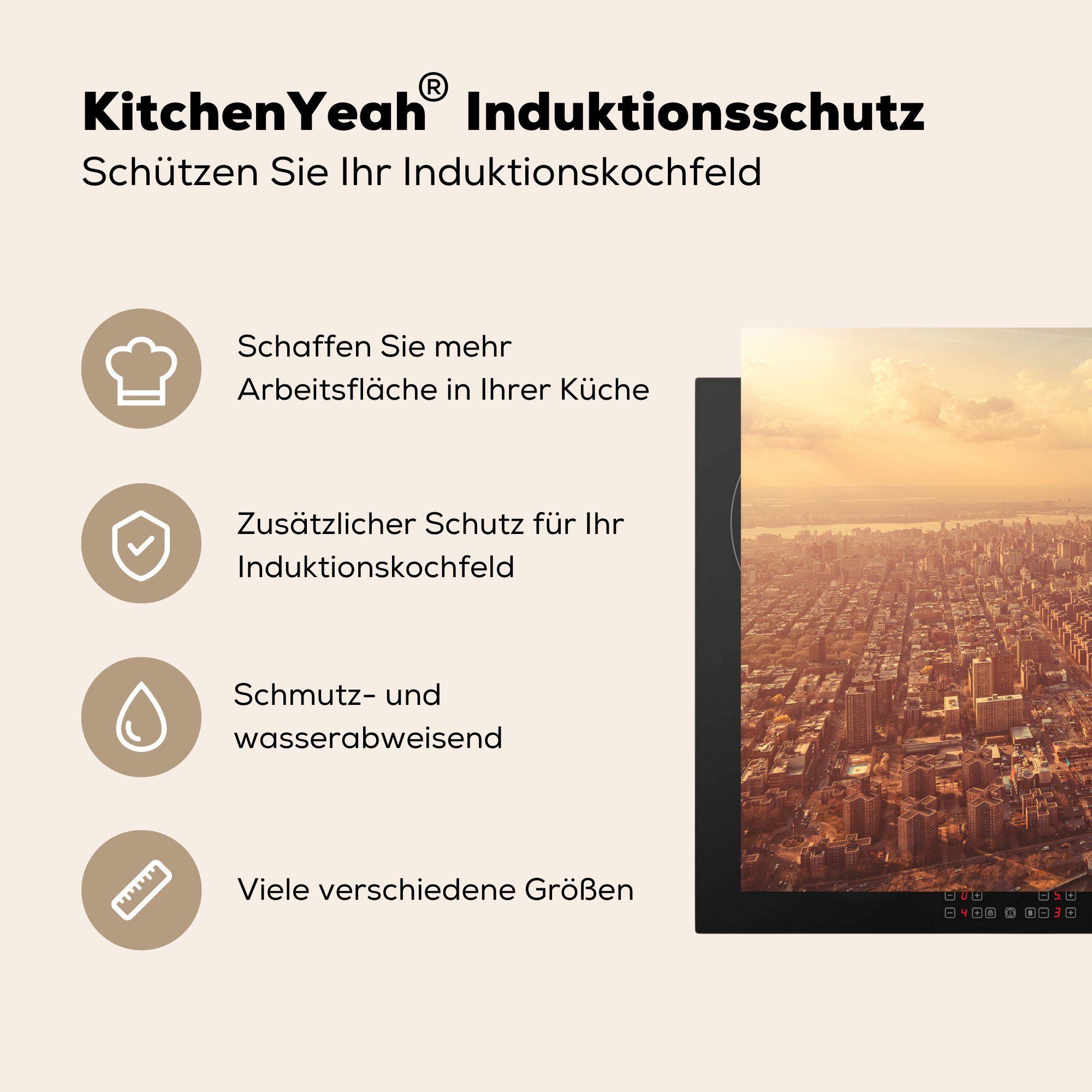 MuchoWow Herdblende-/Abdeckplatte New York - Gold, cm, Vinyl, die tlg), Ceranfeldabdeckung küche, Schutz - 81x52 Skyline für (1 Induktionskochfeld