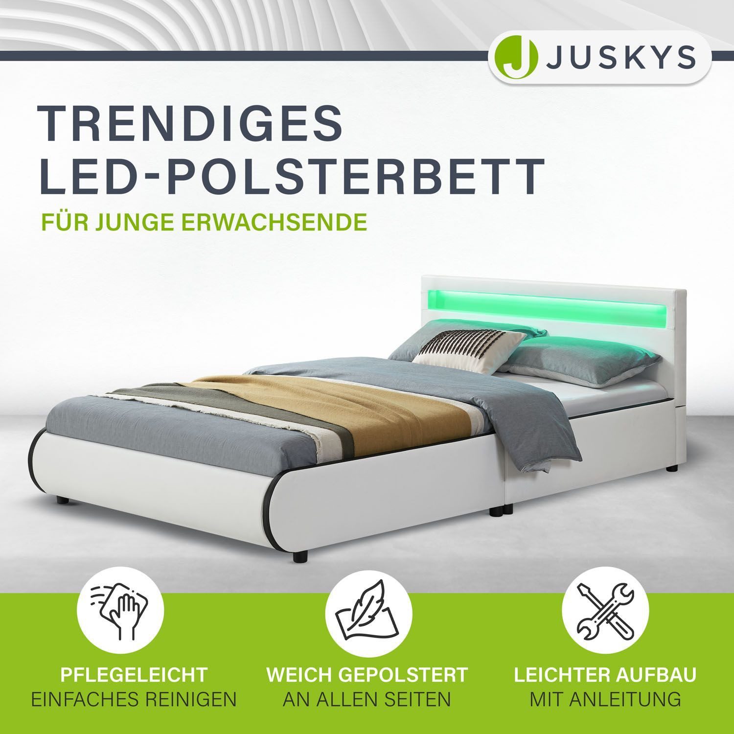 Juskys Polsterbett Sevilla, 140x200 cm, RGB-LED, Kunstleder, weiches Kopfte günstig online kaufen