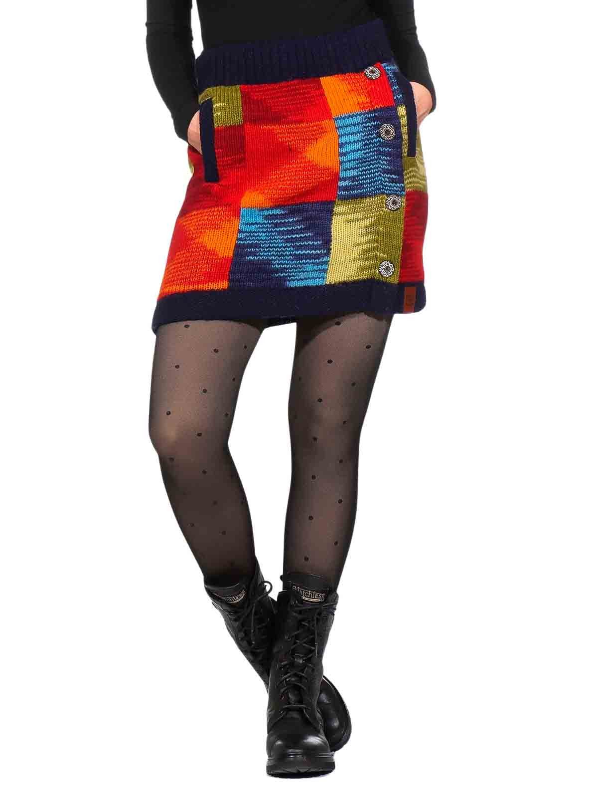 KUNST UND MAGIE Strickrock Bunter Patchwork Strickrock kurzer gefütterter Rock Wolle Boho