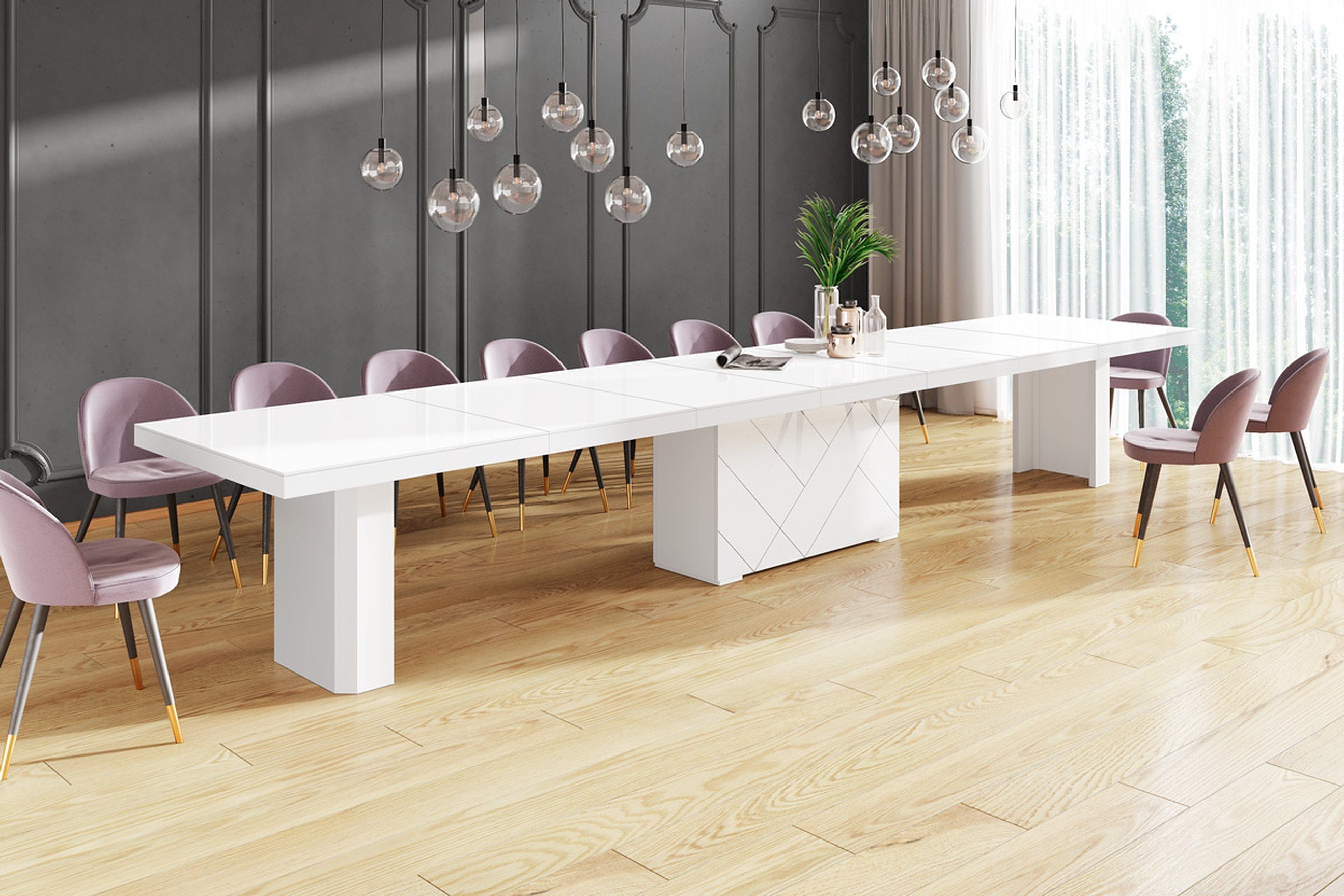 designimpex Esstisch Design Tisch HEK-111 Weiß Hochglanz XXL ausziehbar 180 bis 468 cm