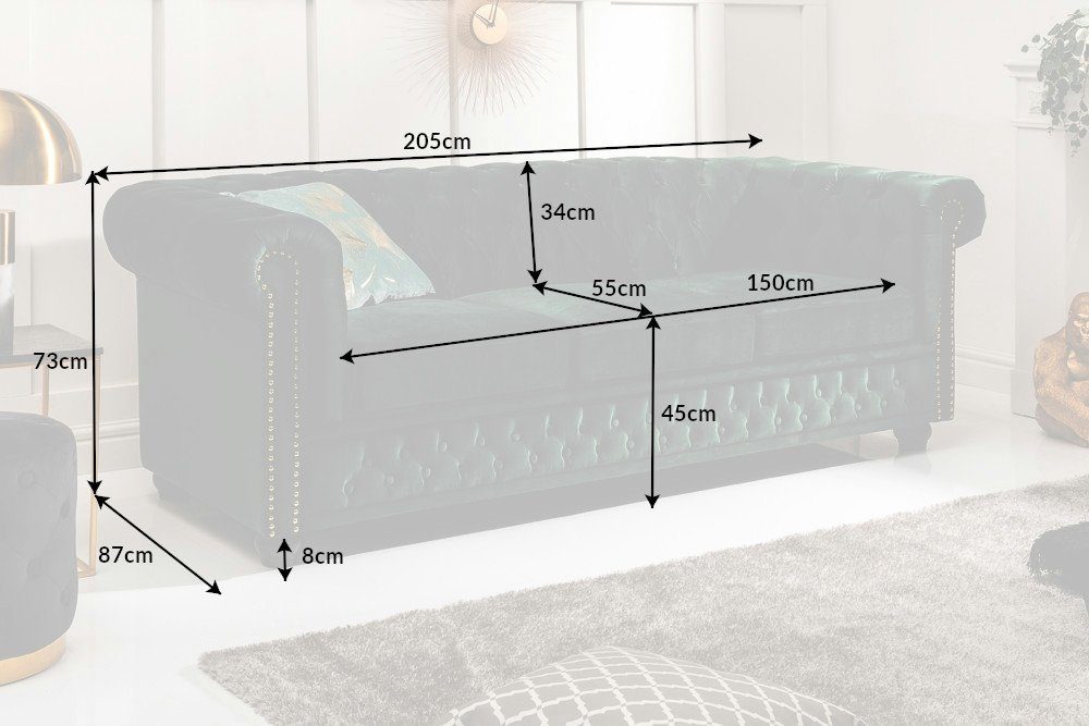 · 205cm · Sofa Federkern CHESTERFIELD flaschengrün, Samt Sofa 3-Sitzer Wohnzimmer · riess-ambiente · Teile, 1 Einzelartikel