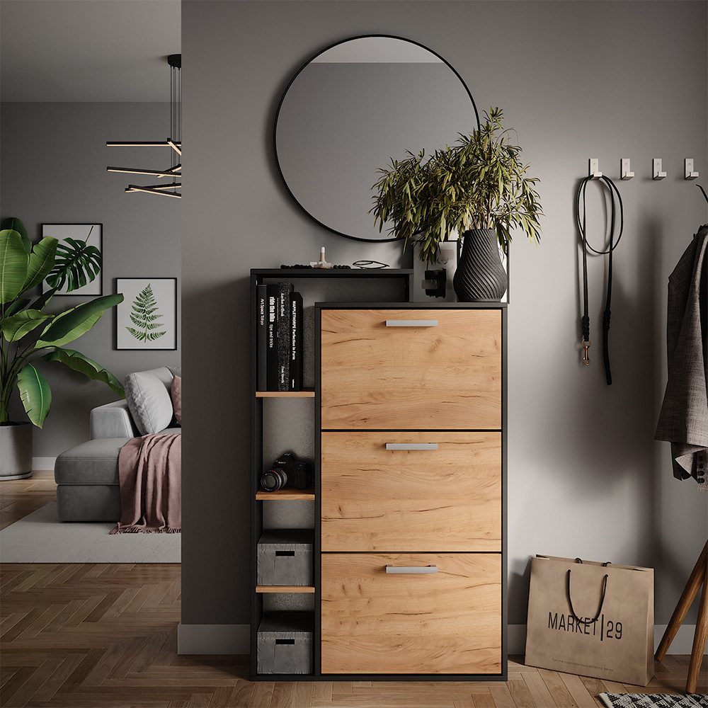 Vicco Schuhkipper Orlando, Goldkraft Eiche/Anthrazit, 80 x 128.3 cm mit 3 Fächern