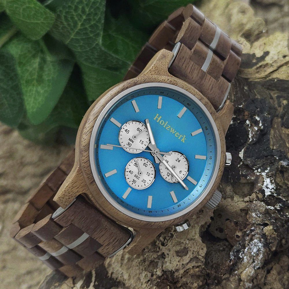 Holzwerk Chronograph Herren Designer Holz Armband Uhr, Zifferblatt Hellblau, (inklusive Armbandkürzer), Holz Unikate, ideal auch als Geschenk, Hochwertiges Quarzwerk