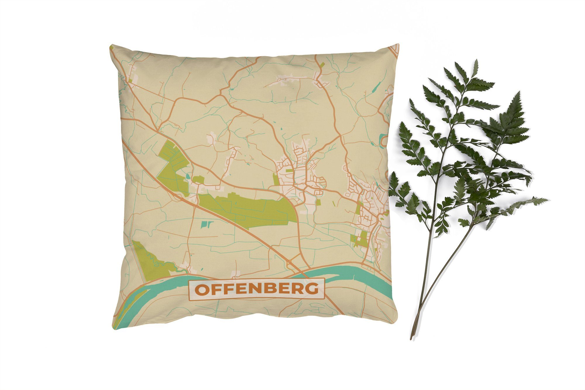 MuchoWow Dekokissen Offenberg - Stadtplan - Vintage - Karte, Zierkissen mit Füllung für Wohzimmer, Schlafzimmer, Deko, Sofakissen