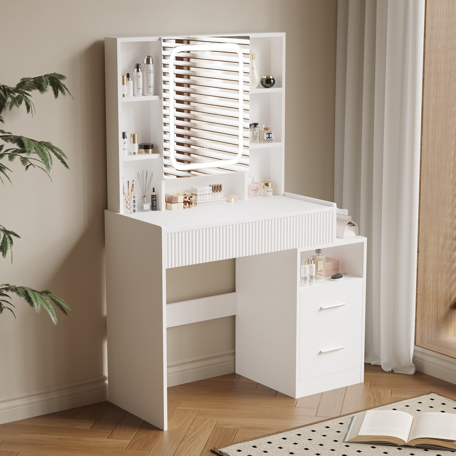 HOMAVO Schminktisch mit LED-Spiegel, 3 Schubladen & 8 offenen Fächern, 96,5 günstig online kaufen