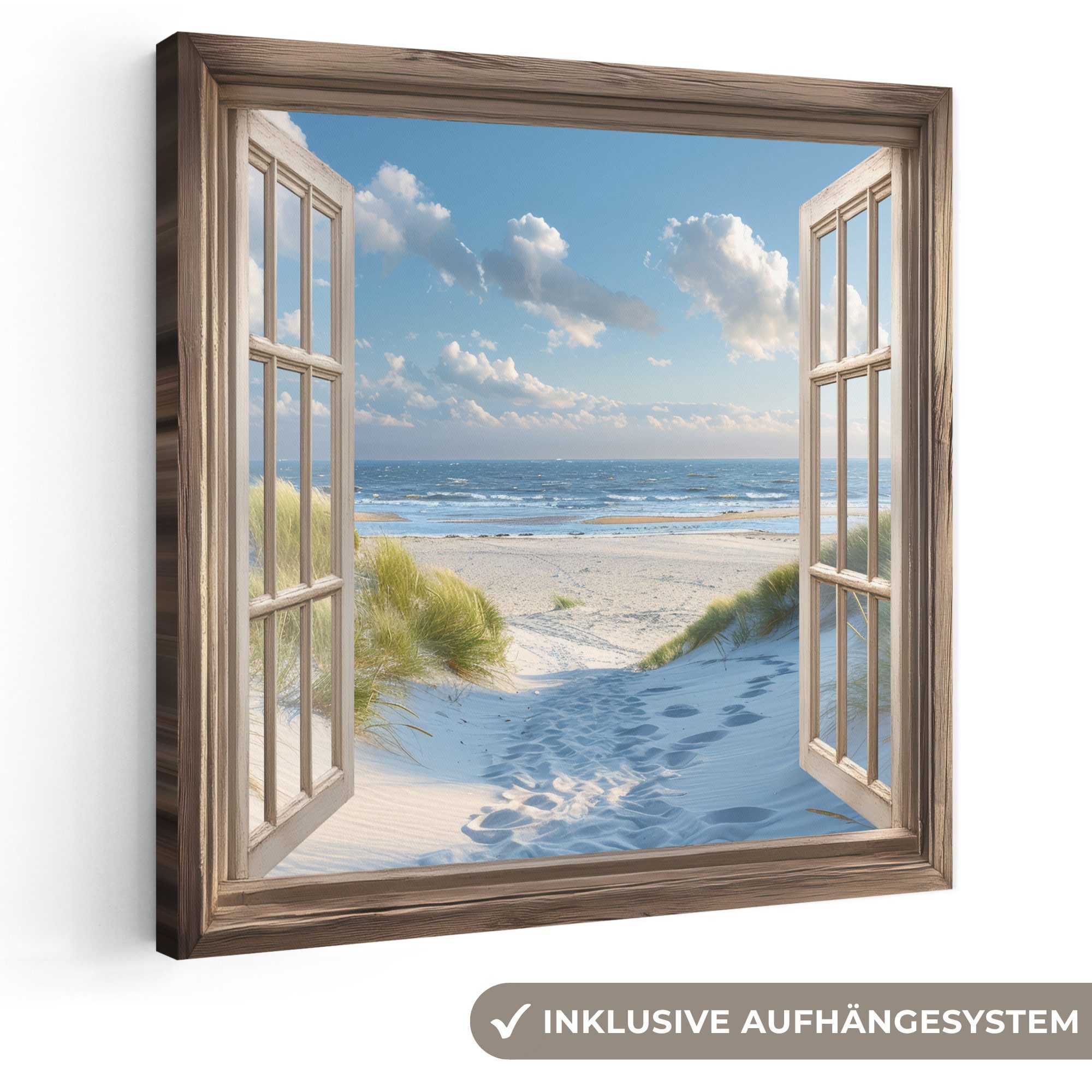 OneMillionCanvasses® Leinwandbild Aussicht - Strand - Fenster - Dünen - Meer, Fotodruck (1 St), Wandbild, Deko Schlafzimmer Wohnzimmer Flur 20x20 cm