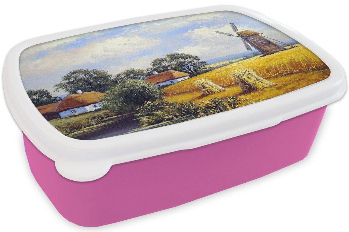 Bauernhof - Erwachsene, Kinder, Mühle Lunchbox (2-tlg), für Gemälde rosa Ölfarbe, - Mädchen, Kunststoff, Brotbox MuchoWow Brotdose Kunststoff - Snackbox,