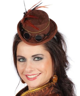 Karneval-Klamotten Kostüm Mini Zylinder Hut Steampunk mit Brille, Mini Damenhut mit Brille Feder ud Kette braun Showhut