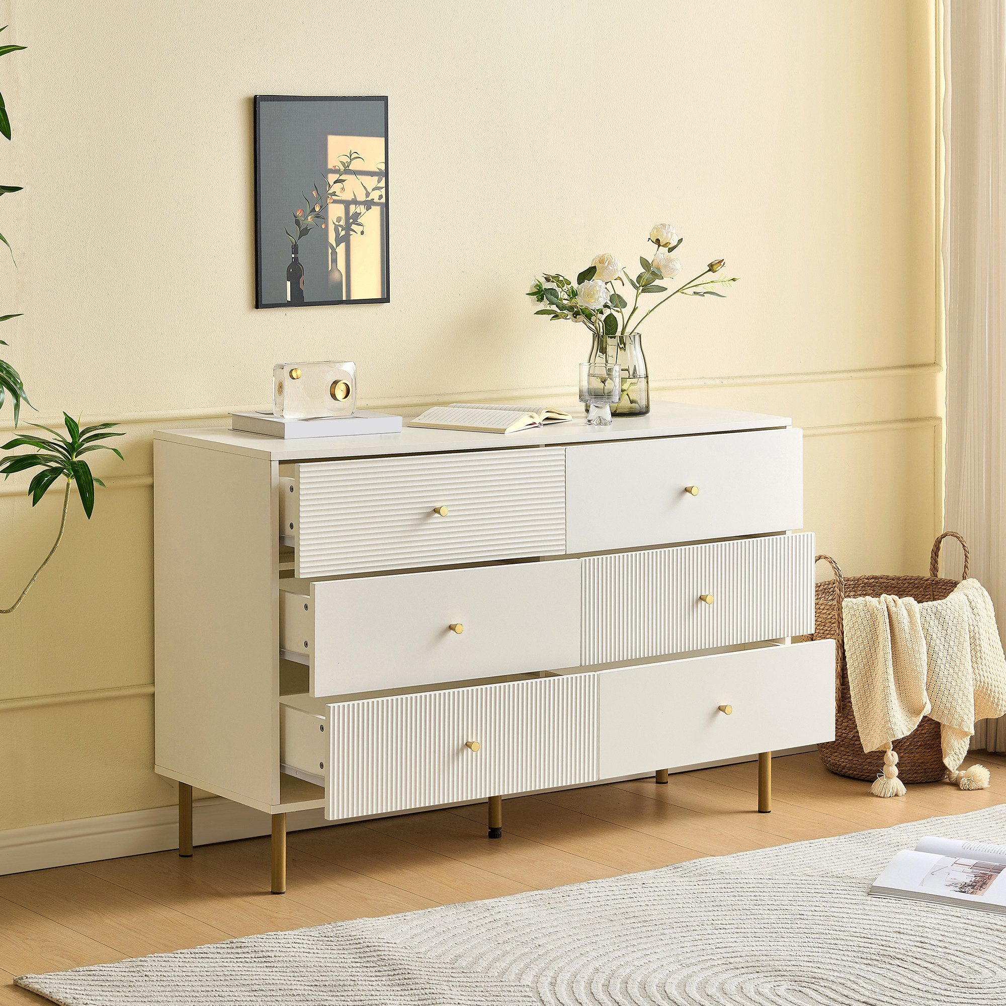 Merax Kommode mit Zinklegierung-Griffen & Stahlbeinen (1 St., 120×78×40 cm), Sideboard mit 6 Schubladen,Buffetschrank Anrichte Aufbewahrungsschrank