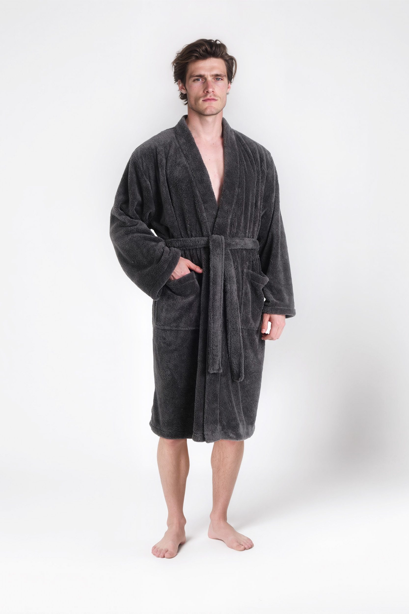 OTTO home Unisex-Bademantel Lillou Kimono, ideal für Sauna & Spa, Hotelbademantel, Morgenmantel, Midilänge, Microfaser, Kimono-Kragen, Gürtel, kuschelig weicher Fleece, plüsch, für Damen und Herren, XS-3XL