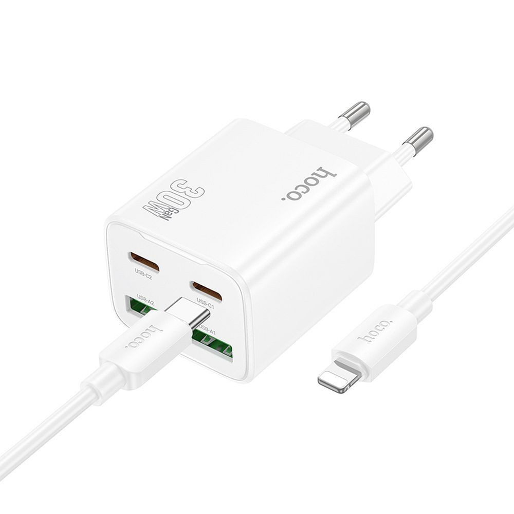 hoco. N56 USB-Ladegerät (3000 mA, Einzelartikel, Inklusive 1 m USB-C-auf-iPhone-Kabel, PD + QC3.0 Schnellladen, 30W, 4 Ports, inkl. iPhone-Kabel)