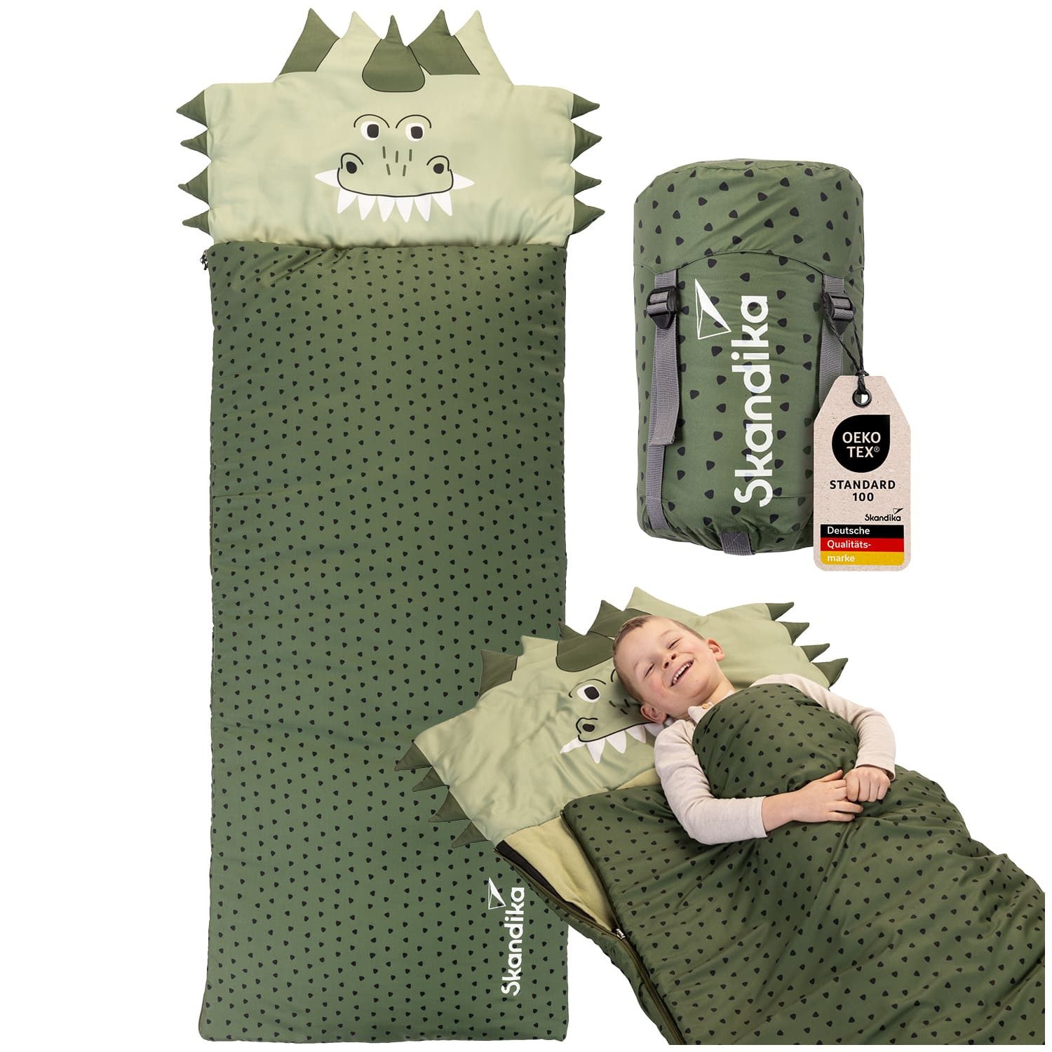 Skandika Kinderschlafsack Soti, für Kinder bis 150 cm, Kopfkissen, buntes Design Dinosaurier (maschinenwaschbar, Kopfteil, in Tierform und mit Tiermotiv bedruckt), mit Baumwollflanell, Komfort-Temperaturen von 13 °C bis 3 °C