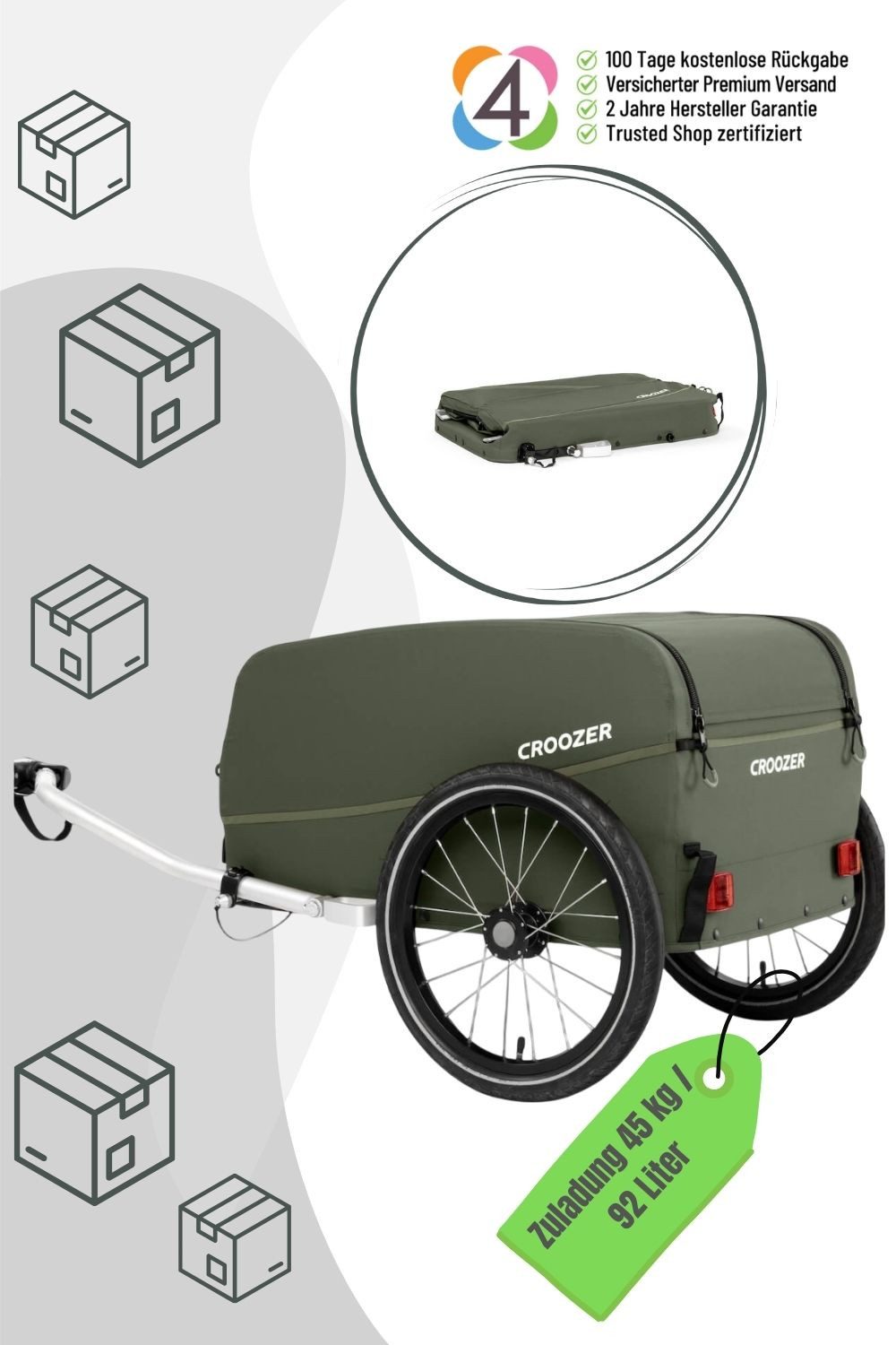 Fahrradlastenanhänger Cargo Kalle inkl. Kupplung (bis 45 kg / 71 x B 64 x H 54 cm)