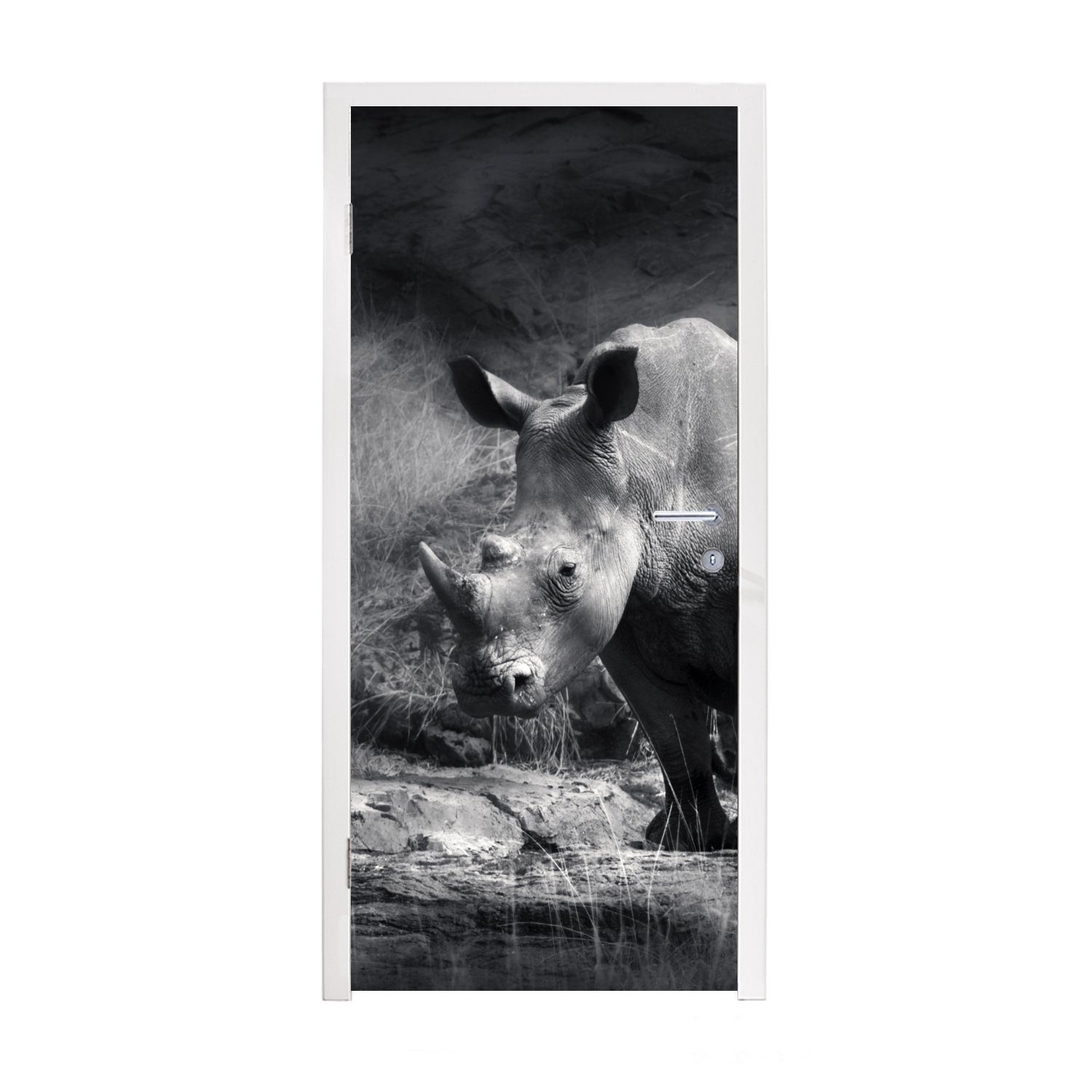 bedruckt, St), 75x205 - Natur cm Fototapete Gras - Türtapete Schwarz Weiß, Matt, MuchoWow Rhinozeros (1 Tür, - Türaufkleber, - für