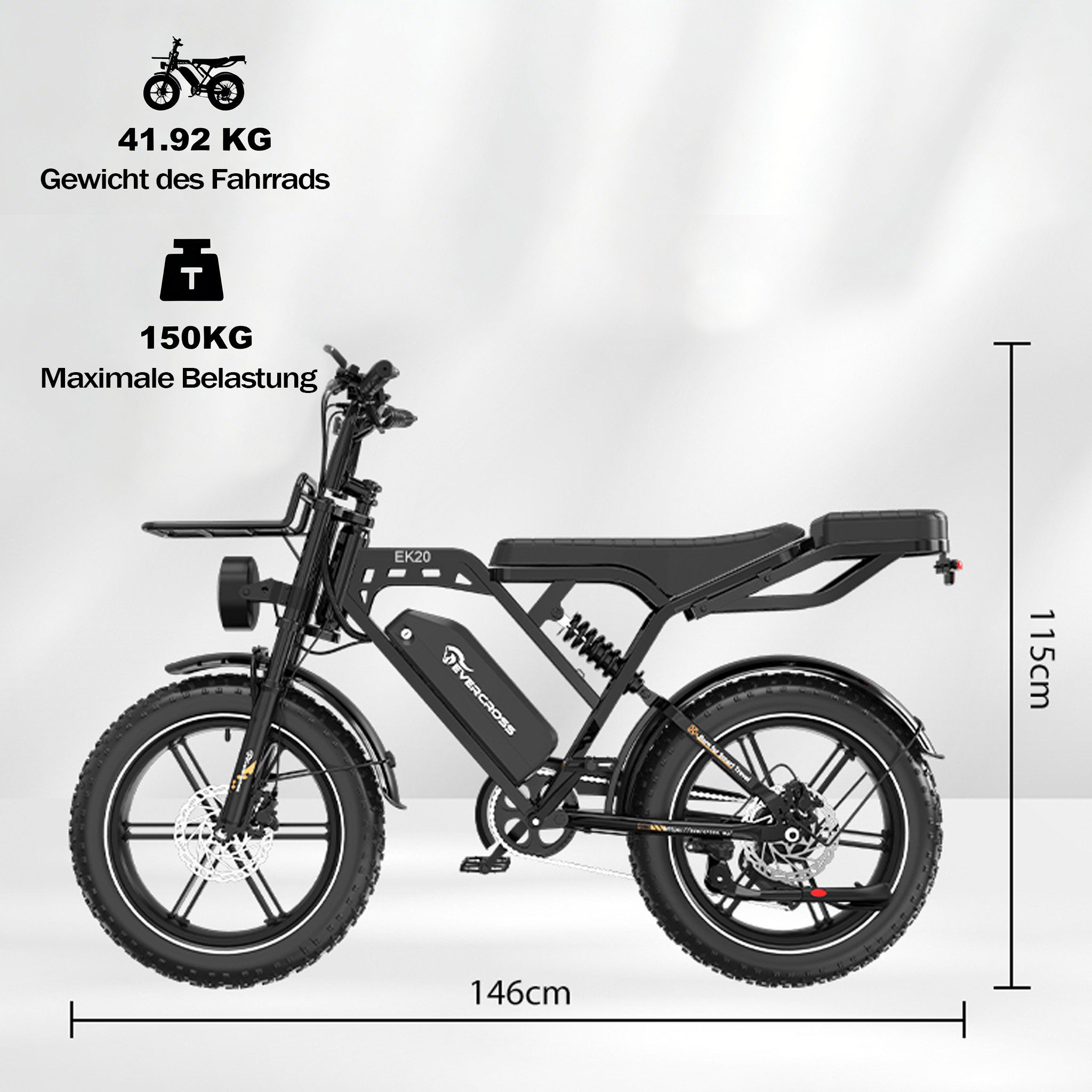 EVERCROSS TECH E-Bike 20” x 4,0 fette Reifen MTB, 48V 15,6AH Removable Battery, NFC, Heckmotor, 748,8 Wh, bis 55-100km, 7 Gang Shimano, Kettenschaltung, Heckmotor