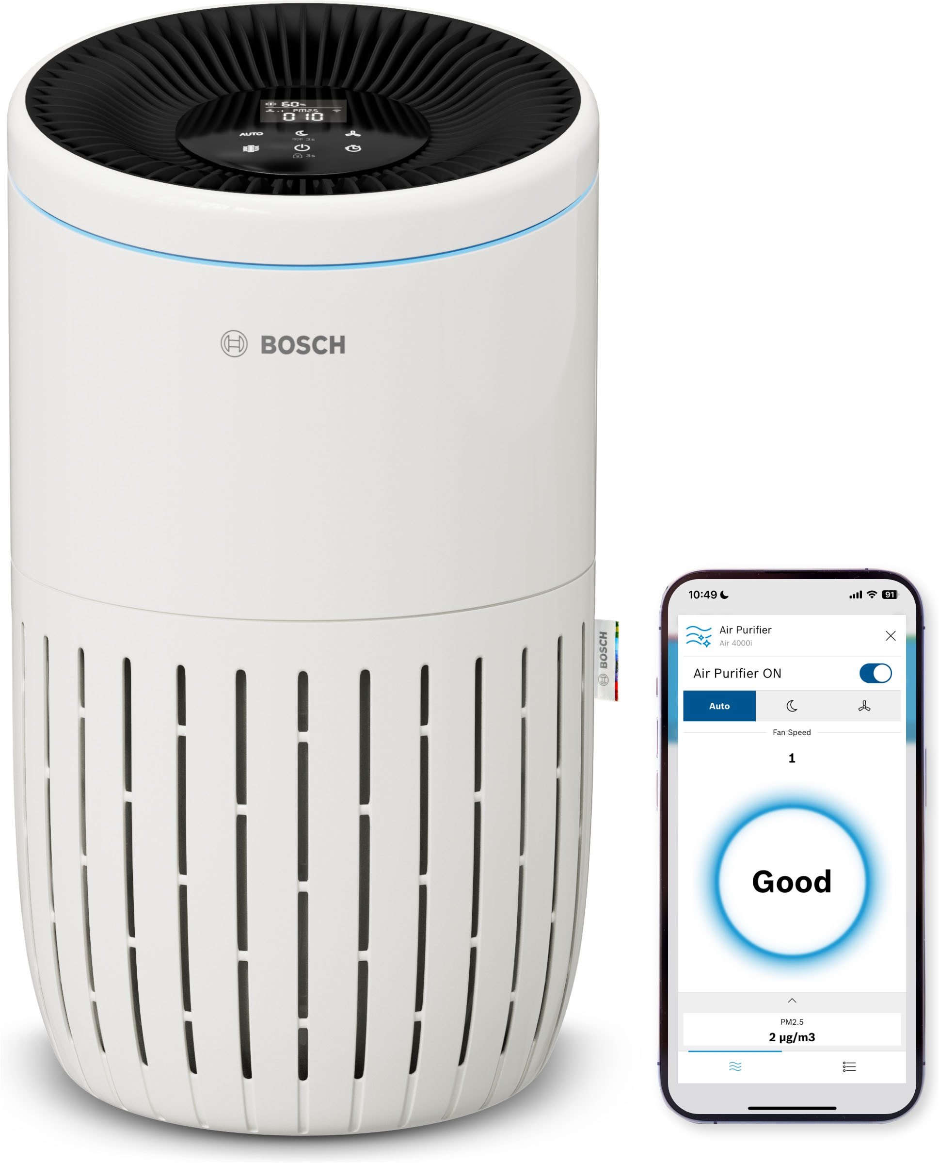 BOSCH Luftreiniger Air 4000i, mit App-Steuerung, für 62 m² Räume, mit 3-in-1 Luftfilter, Smart Sensor, Automatik- und Ruhemodus