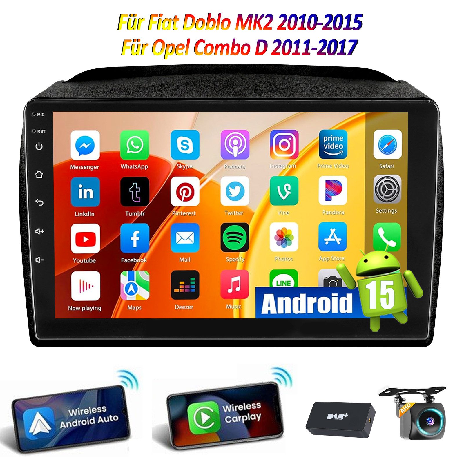 ESSGOO DAB+ Für Fiat Doblo MK2/Opel Combo D 9" Android 15 Autoradio GPS Navi Autoradio (RDS, 4+64GB(optional), Digitalradio (DAB), AM, SWC, Carplay Android Auto Bluetooth EQ USB GPS Navi WIFI Touchscreen)