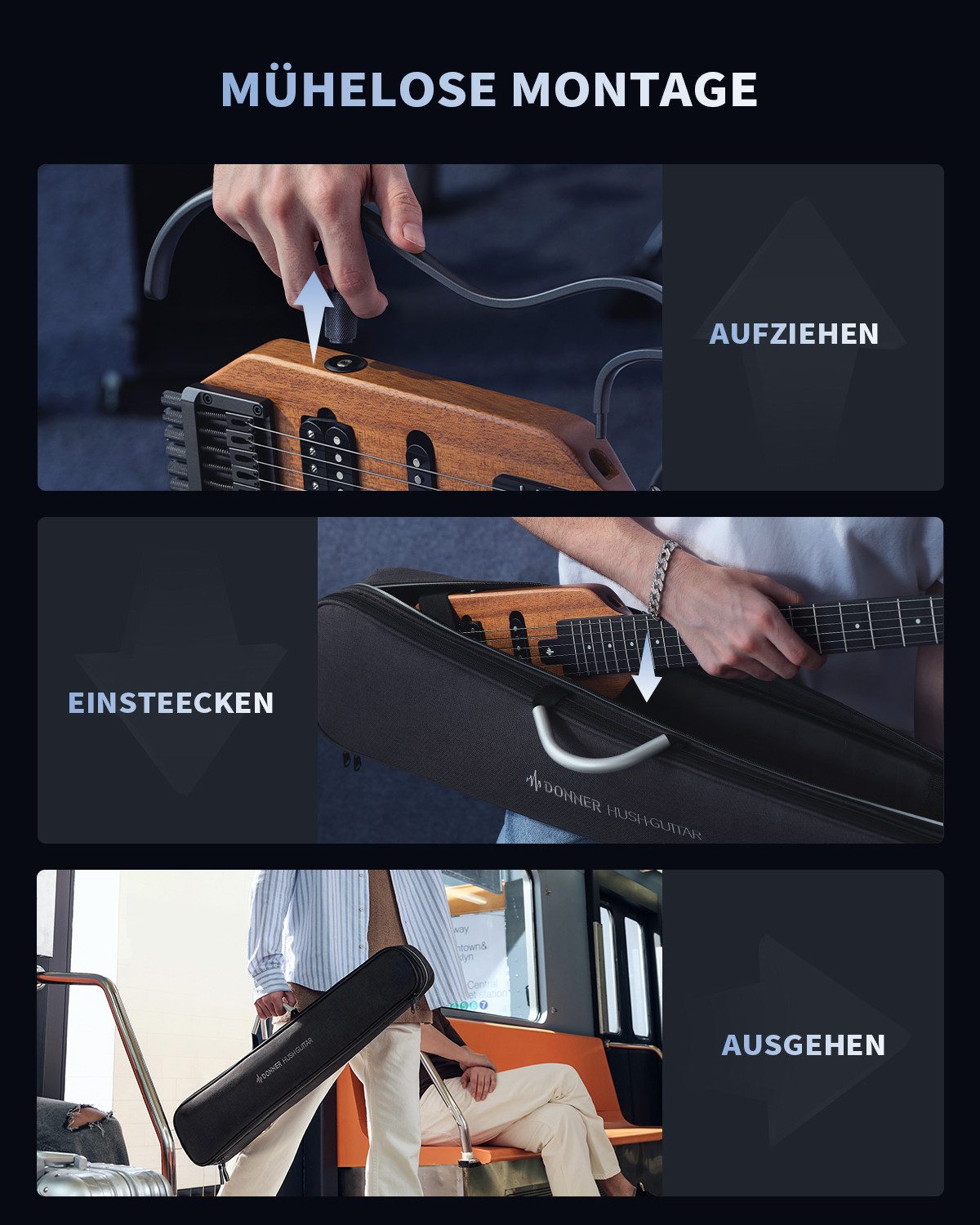 Donner Gitalele HUSH X E-Gitarre HS-Tonabnehmern, Massivkorpus, Gig-Bag & Kopfhörer, Matt Federleichte kopflose Gitarre, set, mit sämtlichem Zubehör, Ideal für Reisen und zum Üben