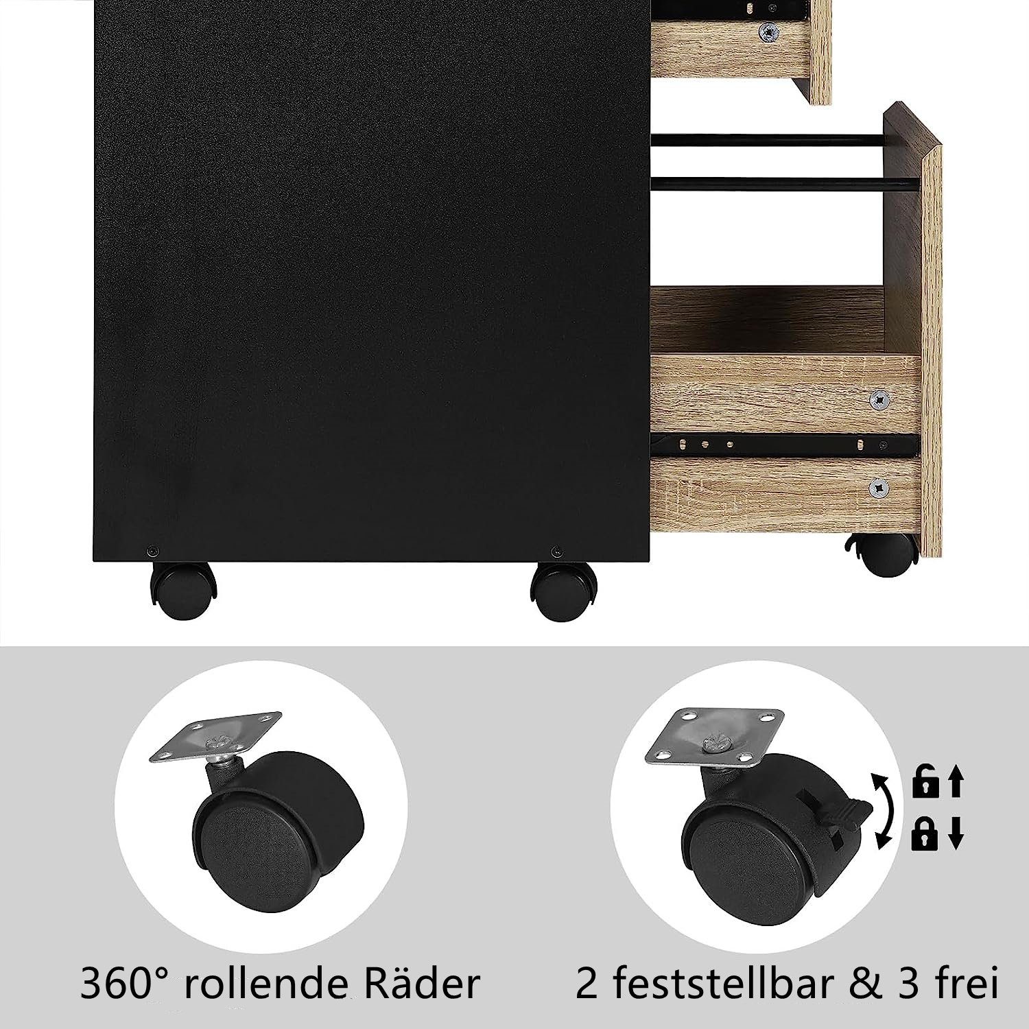 Rollcontainer Schrank, Aktenschrank (1-St) mobiler mit Woltu Helle-Eiche 3 Schubladen