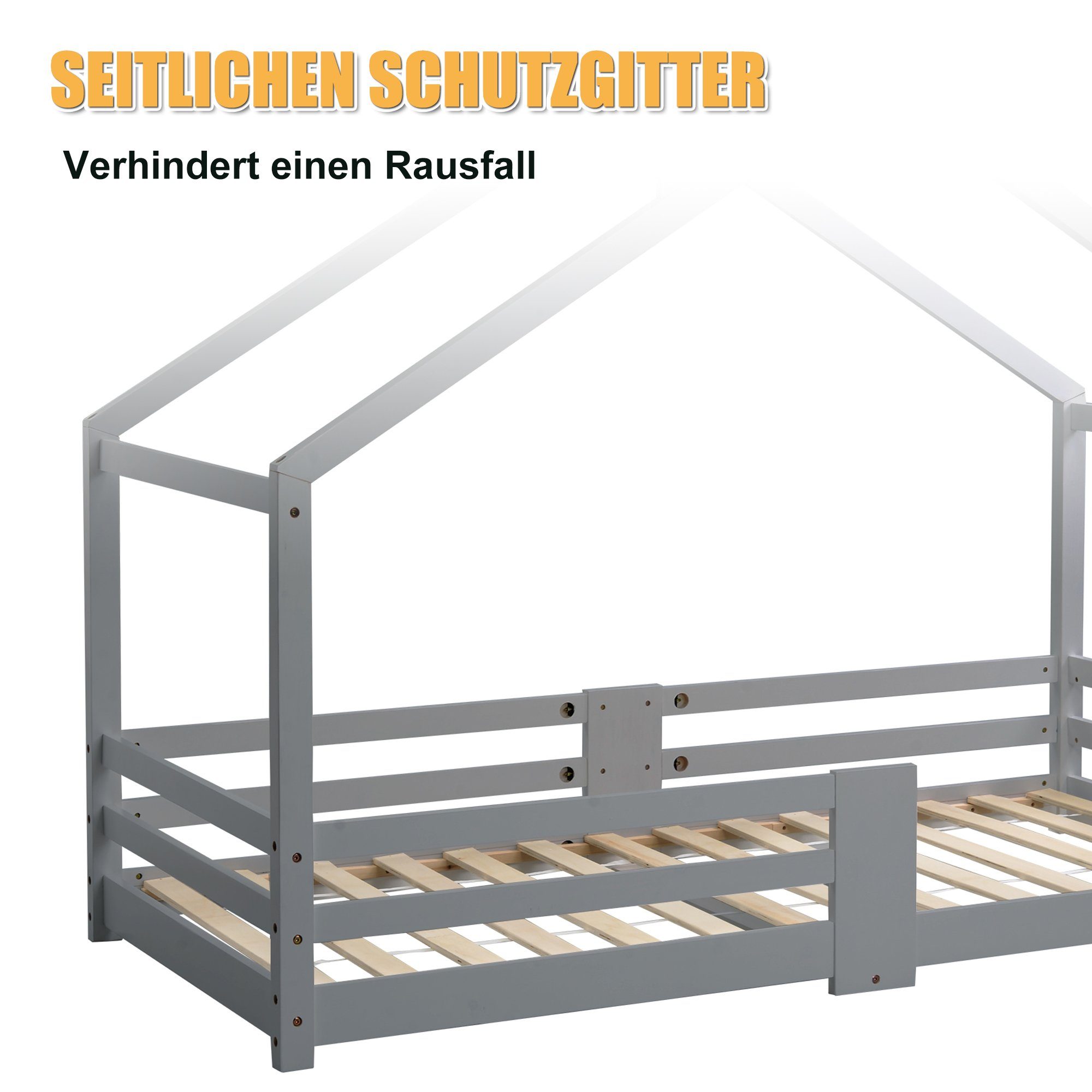 Kinderbett (Hausbett mit Schornstein), mit Rausfallschutz und Lattenroste, aus Kiefernholz, 90x200 cm
