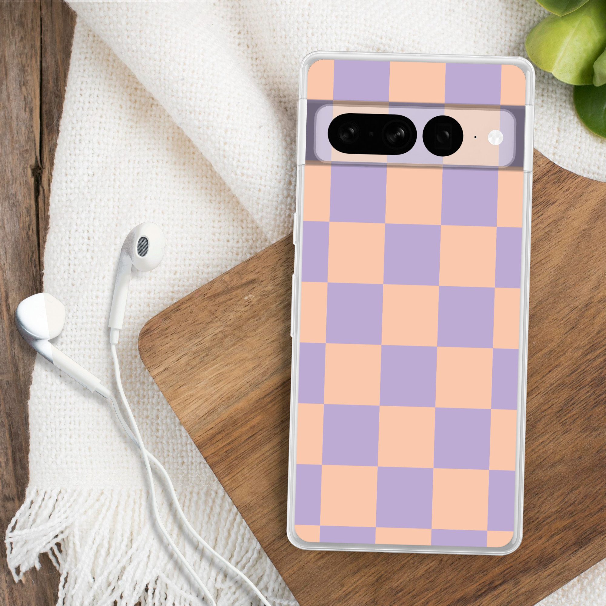 MuchoWow Handyhülle für Google Pixel 7 Pro Schachbrettmuster - Lila - Rosa - Würfel, Phone Case, Silikon, Schutzhülle Dünn