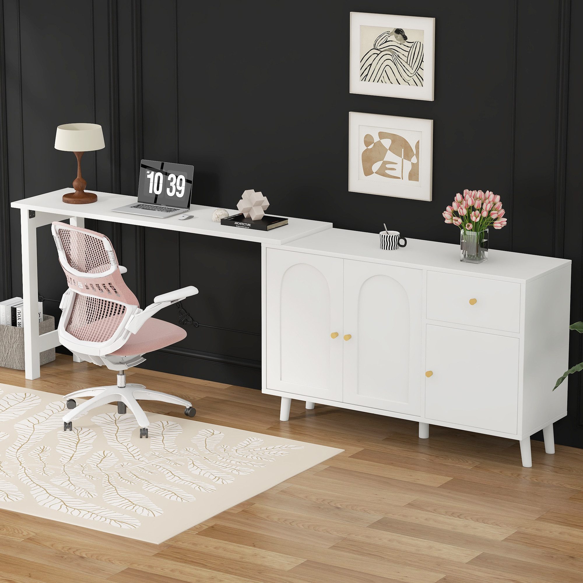 Merax Schreibtisch Multifunktionaler 2-in-1 Schreibtisch & Sideboard (120 x 40 x 74,5 cm, 1-St., Flexibel als Computertisch, Eckschreibtisch, Frisiertisch, Kommode), Eckschreibtisch mit 360° drehbarer Tischplatte, 3 Türen & 1 Schublade