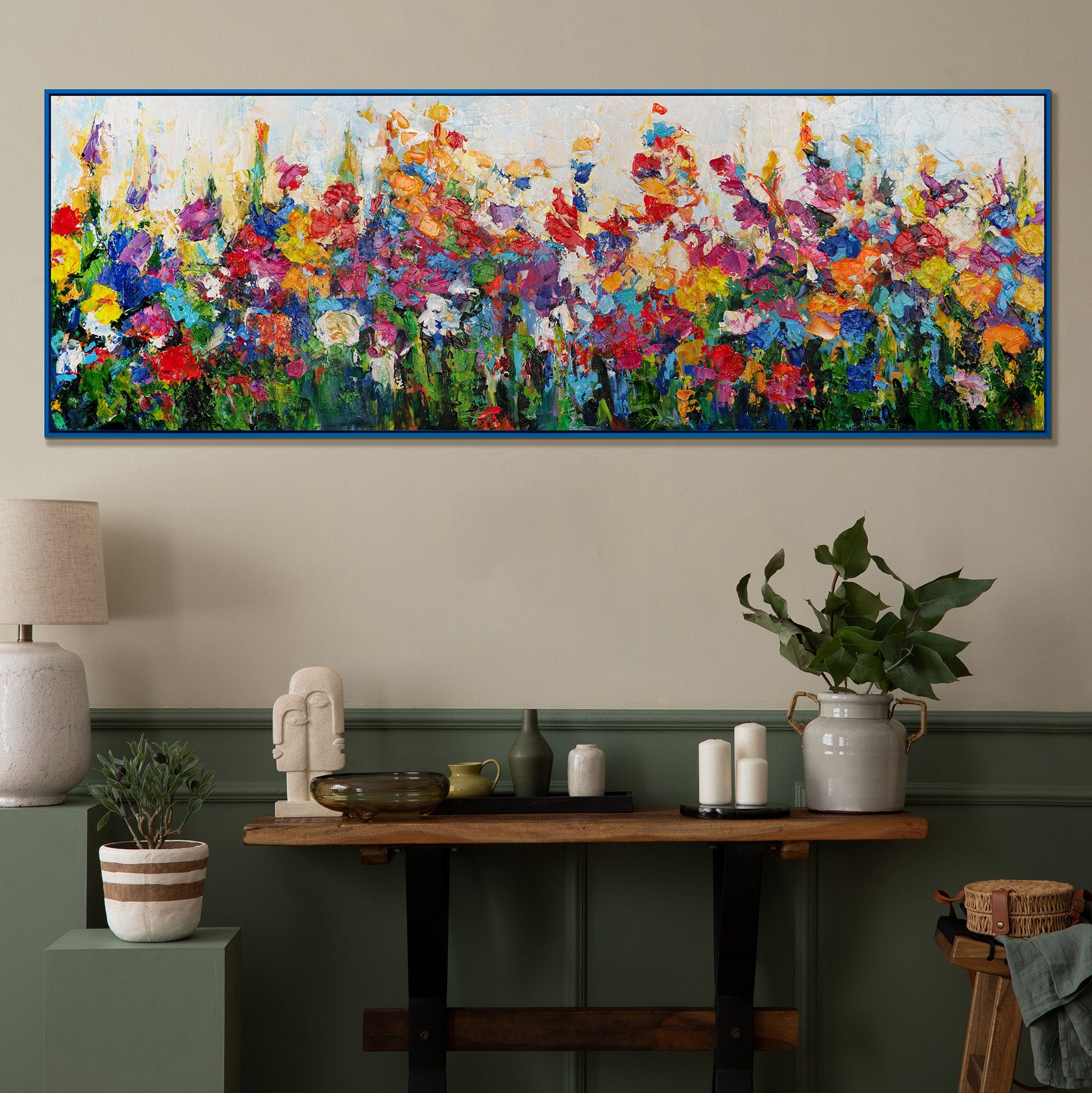 Blumen in Feldfarben, Gemälde Wirbelwind Mit der YS-Art Rahmen Blau