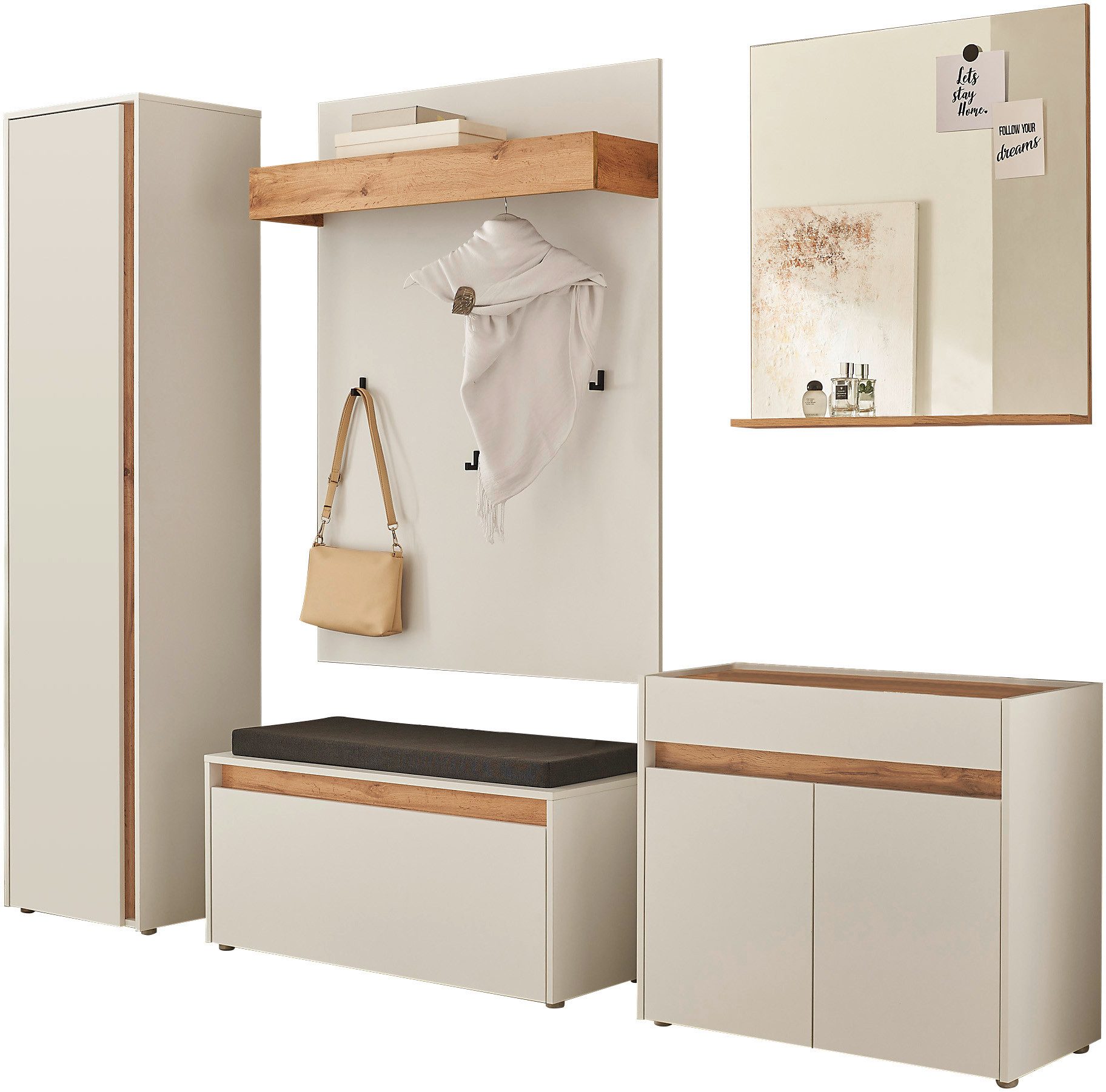 Home affaire Garderoben-Set GIRON/CiTY, moderne Garderobe, Komplettset mit viel Stauraum, (Komplett-Set, 5-St), enthält Schrank, Kommode, Spiegel, Paneel & Schuhbank +Sitzkissen