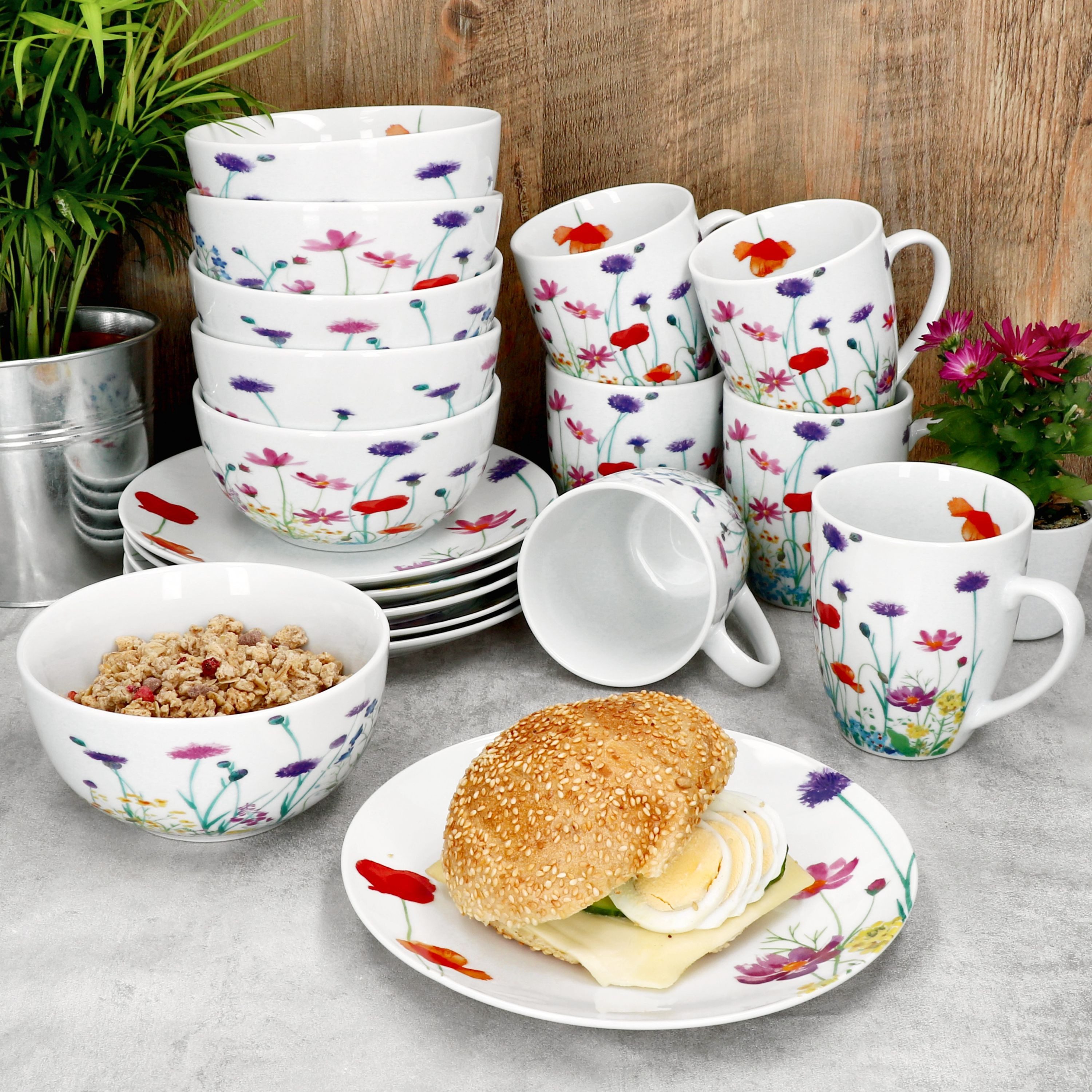 MamboCat Frühstücks-Geschirrset 12tlg Frühstücksset Marie Porzellan 6 Personen Teller Becher Schale, Porzellan – Bild 5 von 5