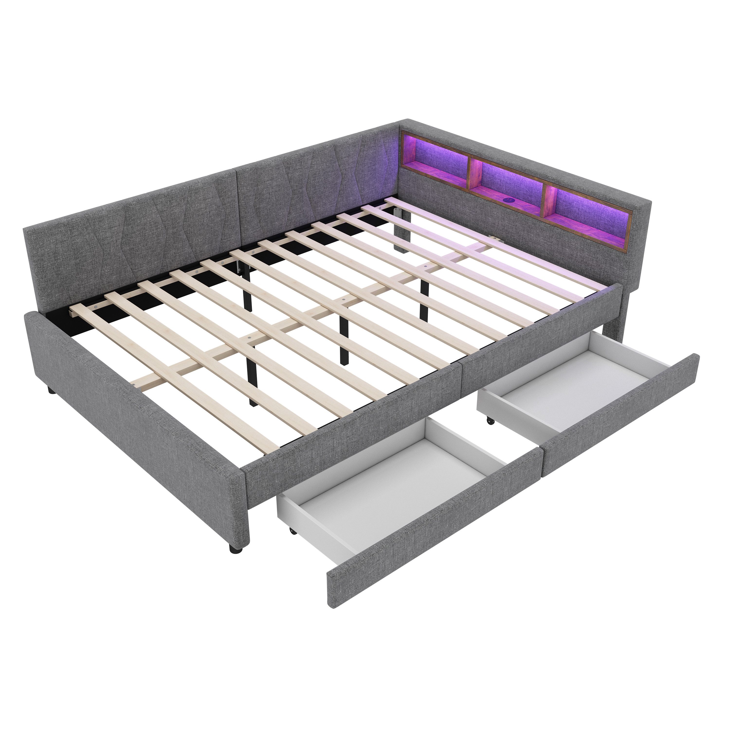 OKWISH Schlafsofa Polsterbett Stauraumbett, Kinderbett mit LED-Umgebungslic günstig online kaufen